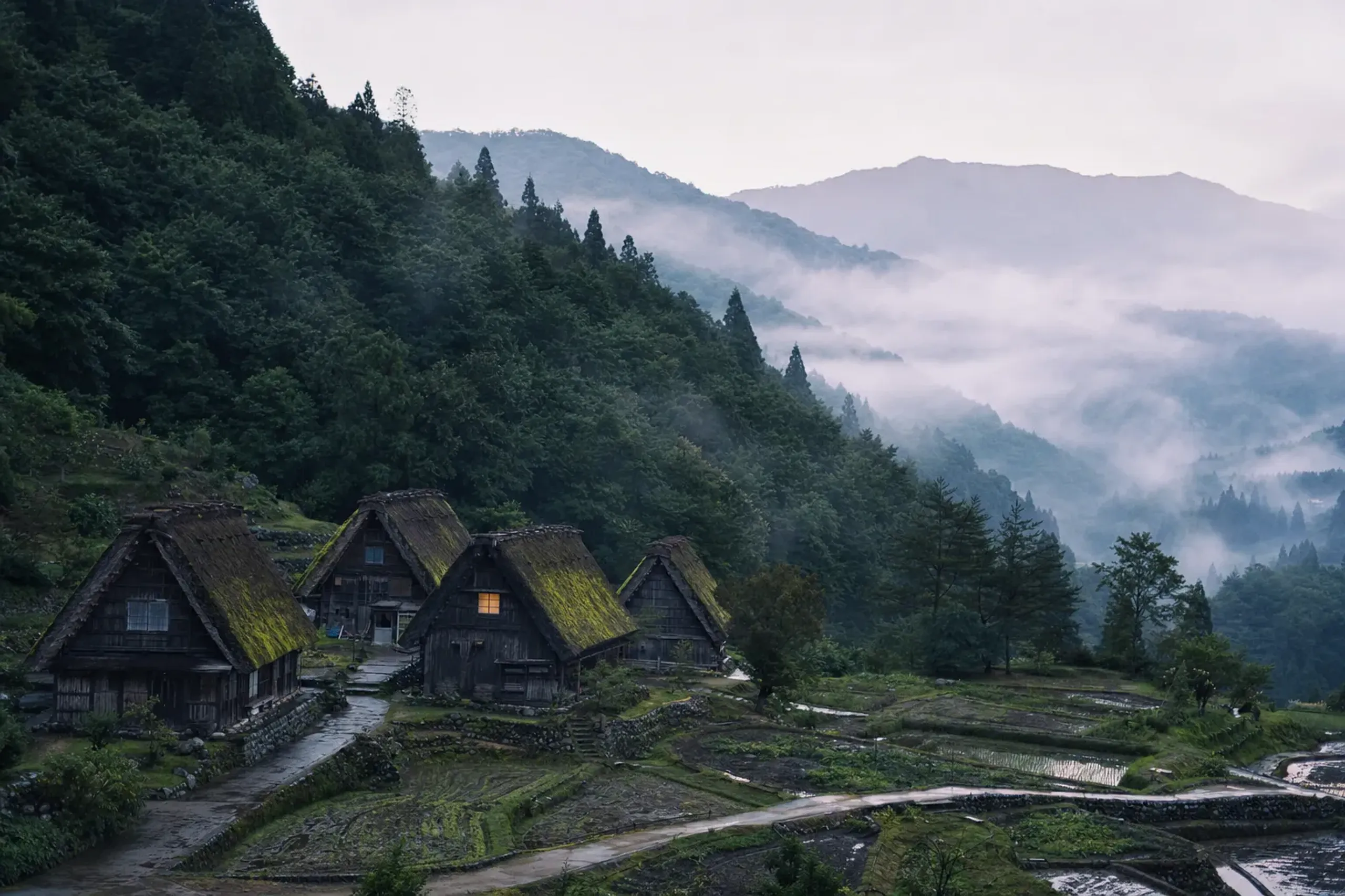 A cluster of moss-eaved gassho-zukuri thatched farmhouses set among terraced fields in the secluded Gokayama valley