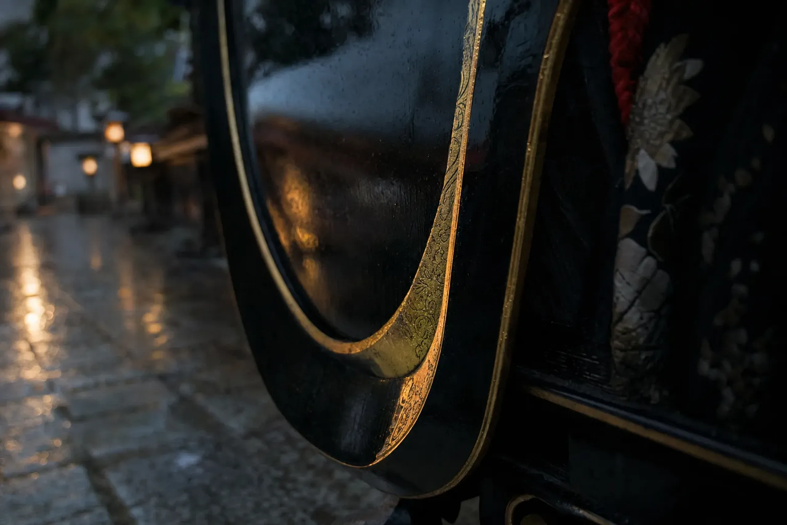 Close-up of lacquer and gold leaf detail on a Karatsu Kunchi hikiyama float