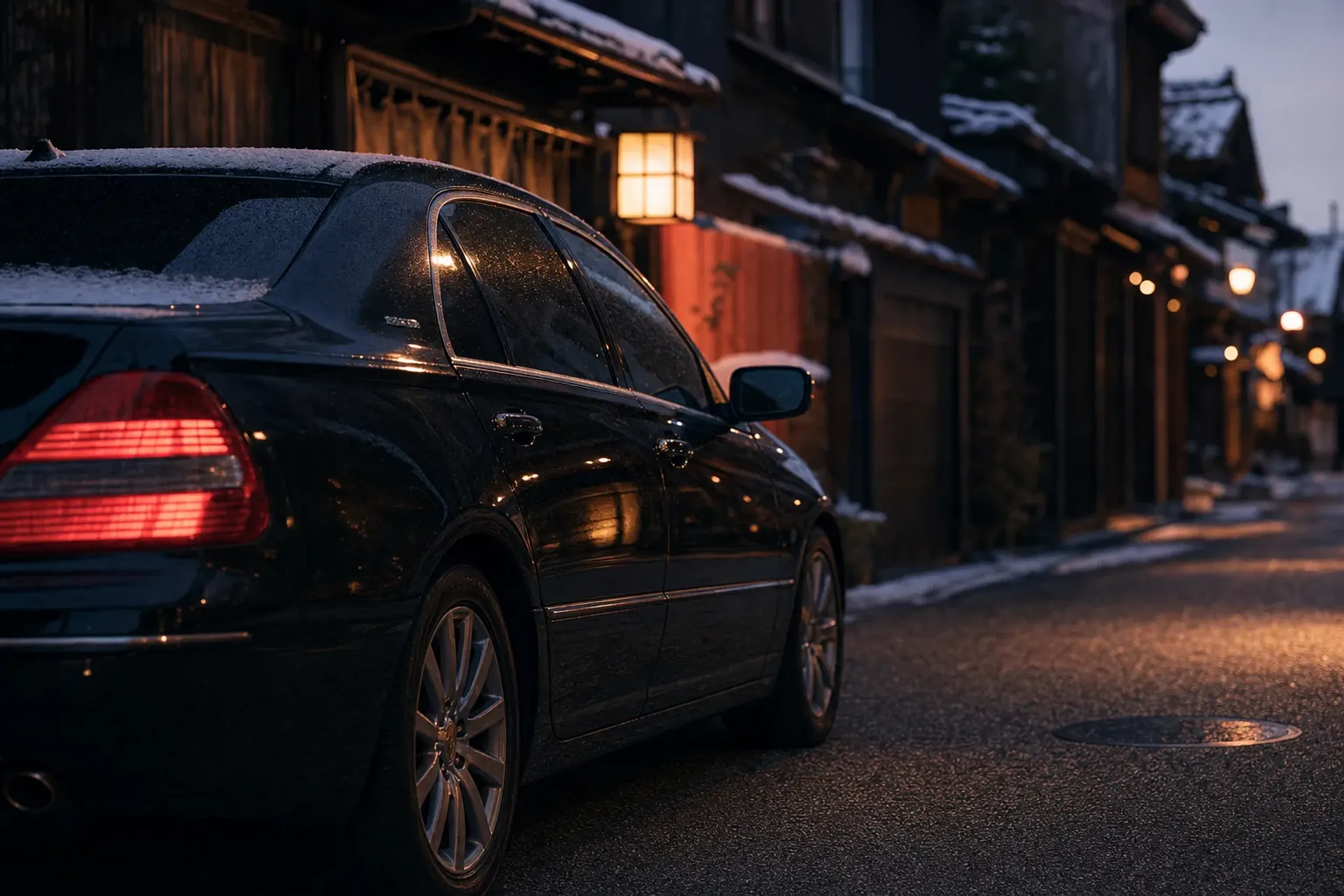A polished black private car parked on a quiet side street in Karatsu City, away from the festival crowds, autumn evening light