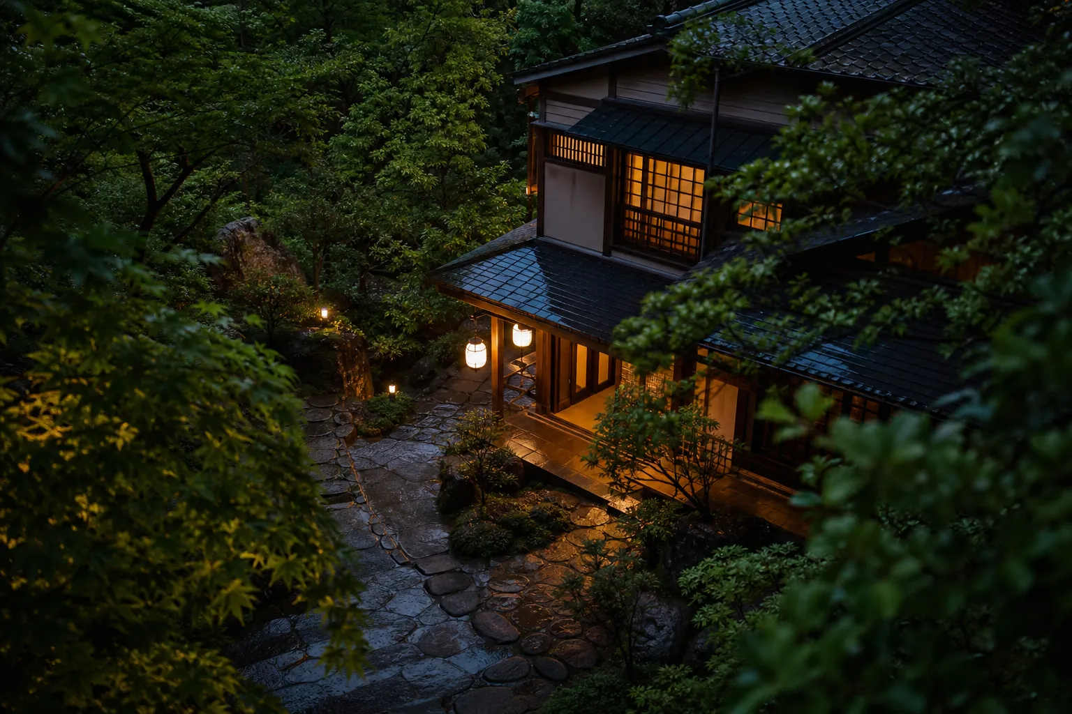 A luxurious wooden ryokan nestled among dense forest trees in Naka-Karuizawa