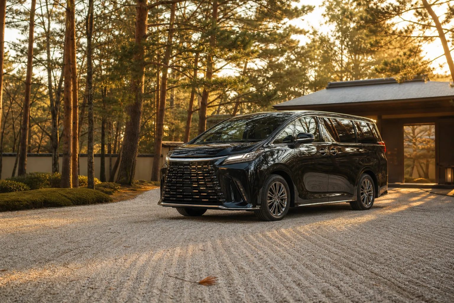 A black executive minivan parked on a quiet forest driveway in the mountains