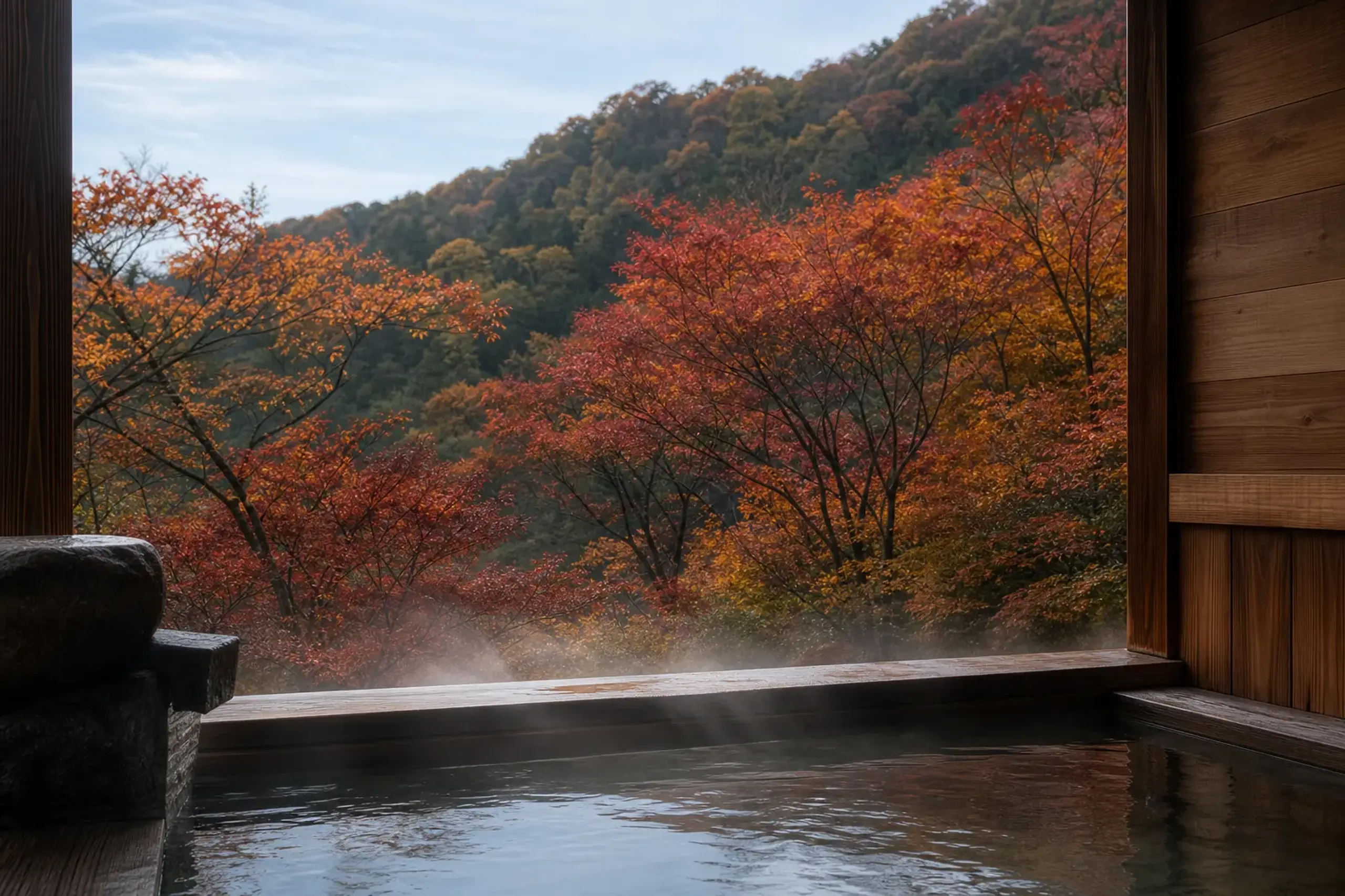 An exclusive private hot spring bath looking out over colorful autumn forest leaves