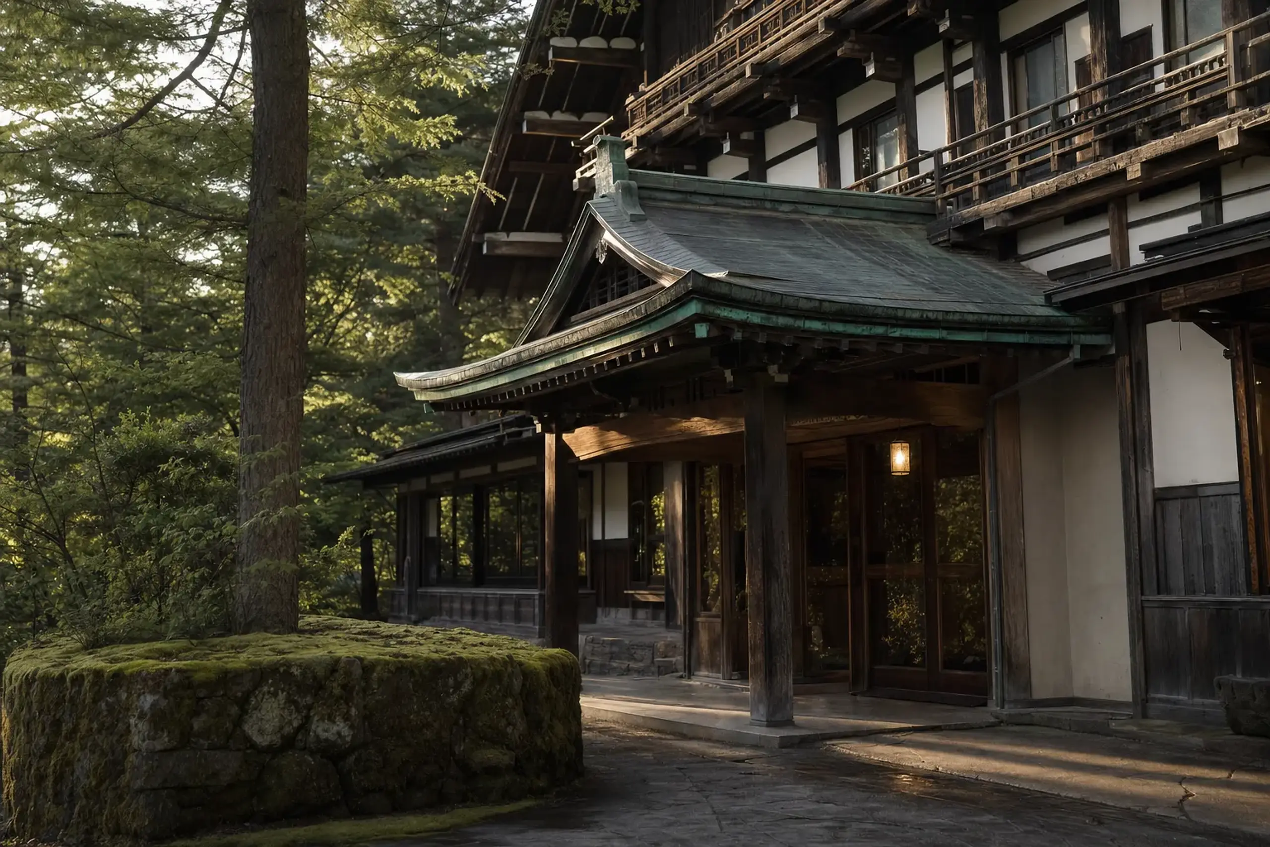 the historic wooden facade and entrance of the Mampei Hotel in Karuizawa, Nagano Prefecture, established 1894