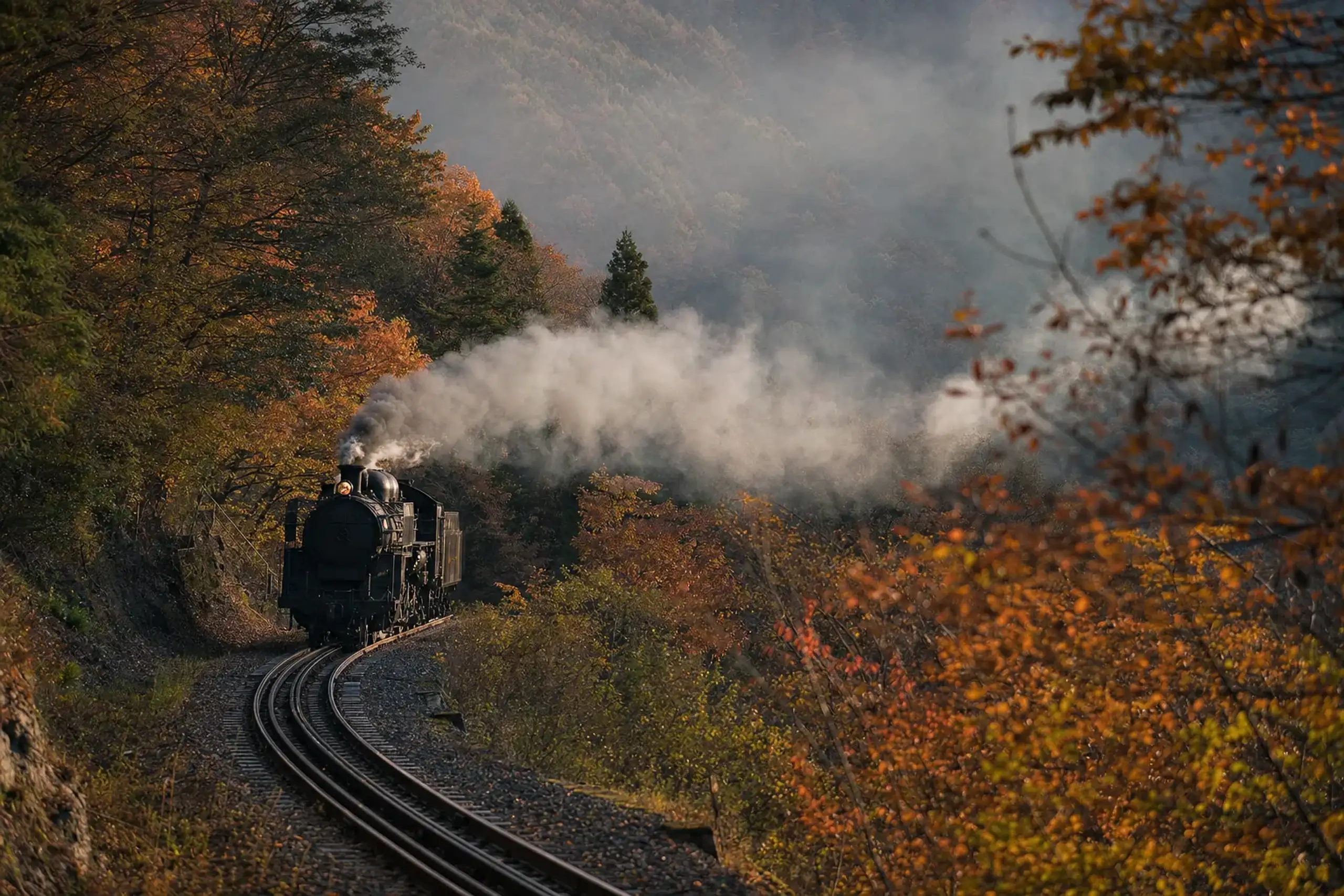 an Abt-system steam locomotive climbing the steep Usui Pass railway line near Karuizawa
