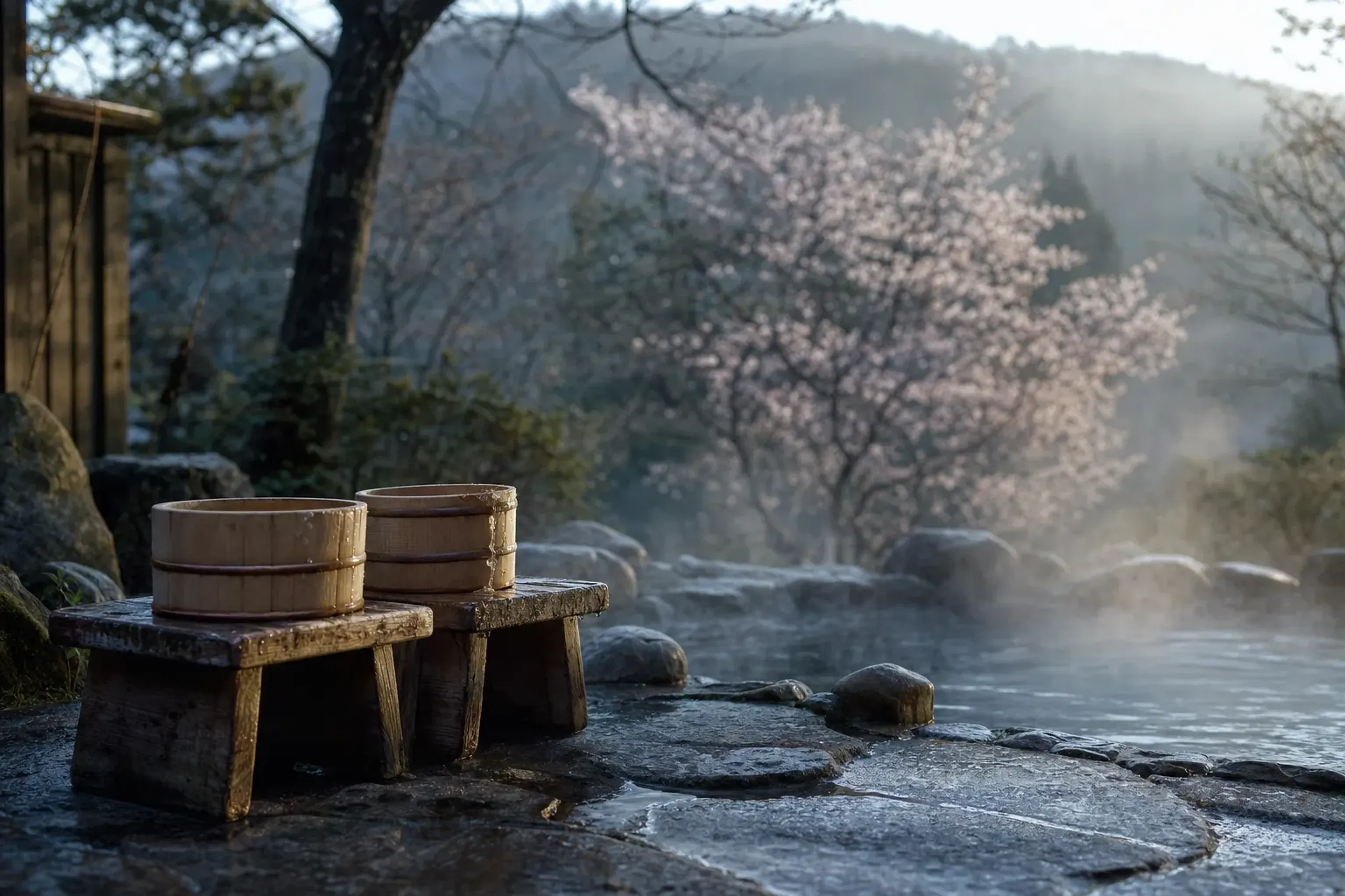 a traditional outdoor onsen bath with wooden washing stools and buckets in a Karuizawa mountain setting