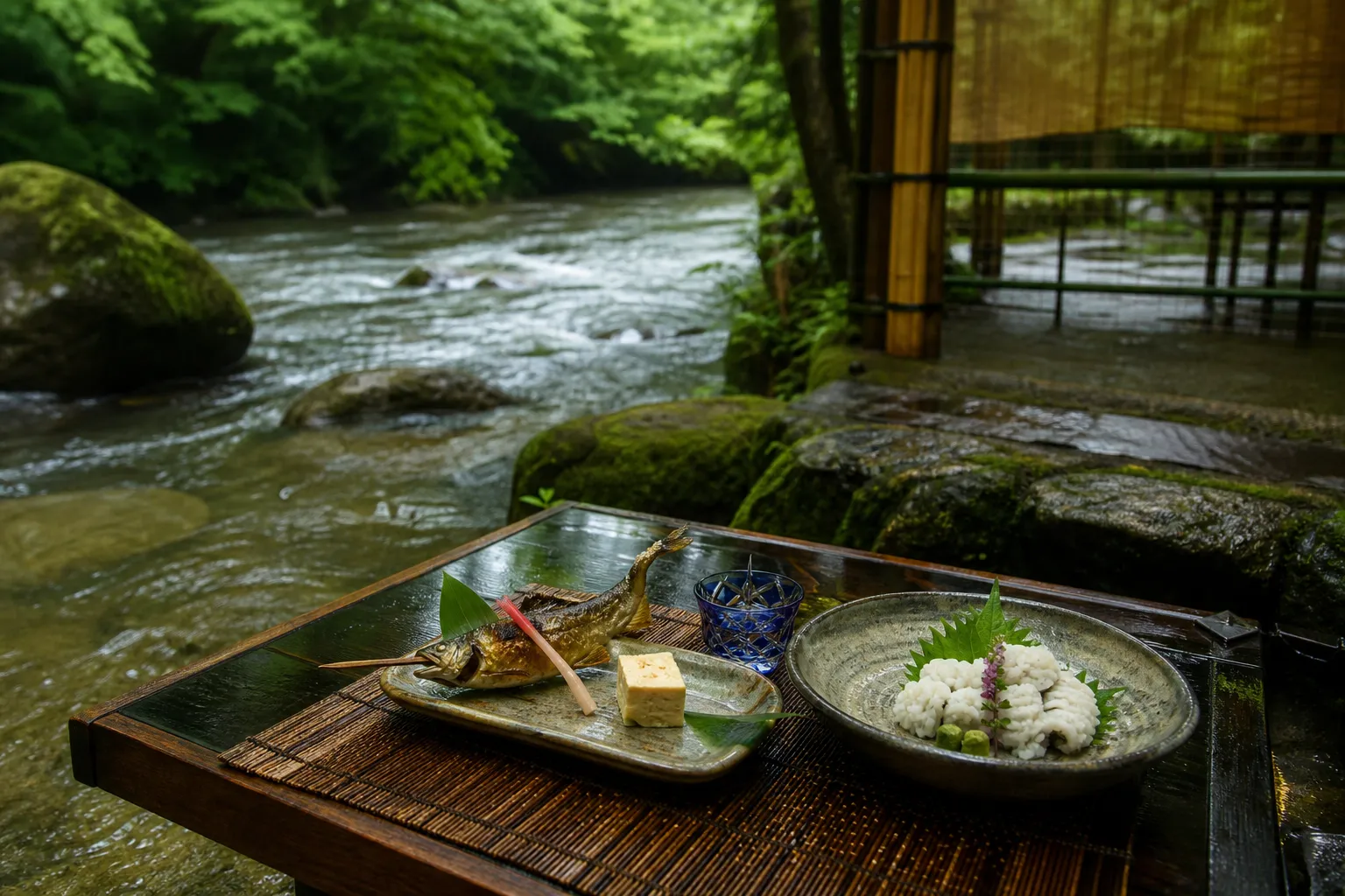 Seasonal Kyoto kaiseki dish with grilled ayu and hamo served on a Kibune river platform