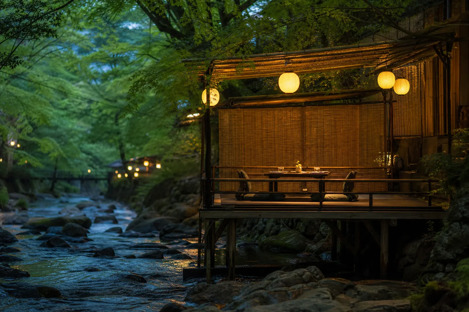 Intimate lantern-lit kawadoko dining table set for two over the Kibune River at dusk
