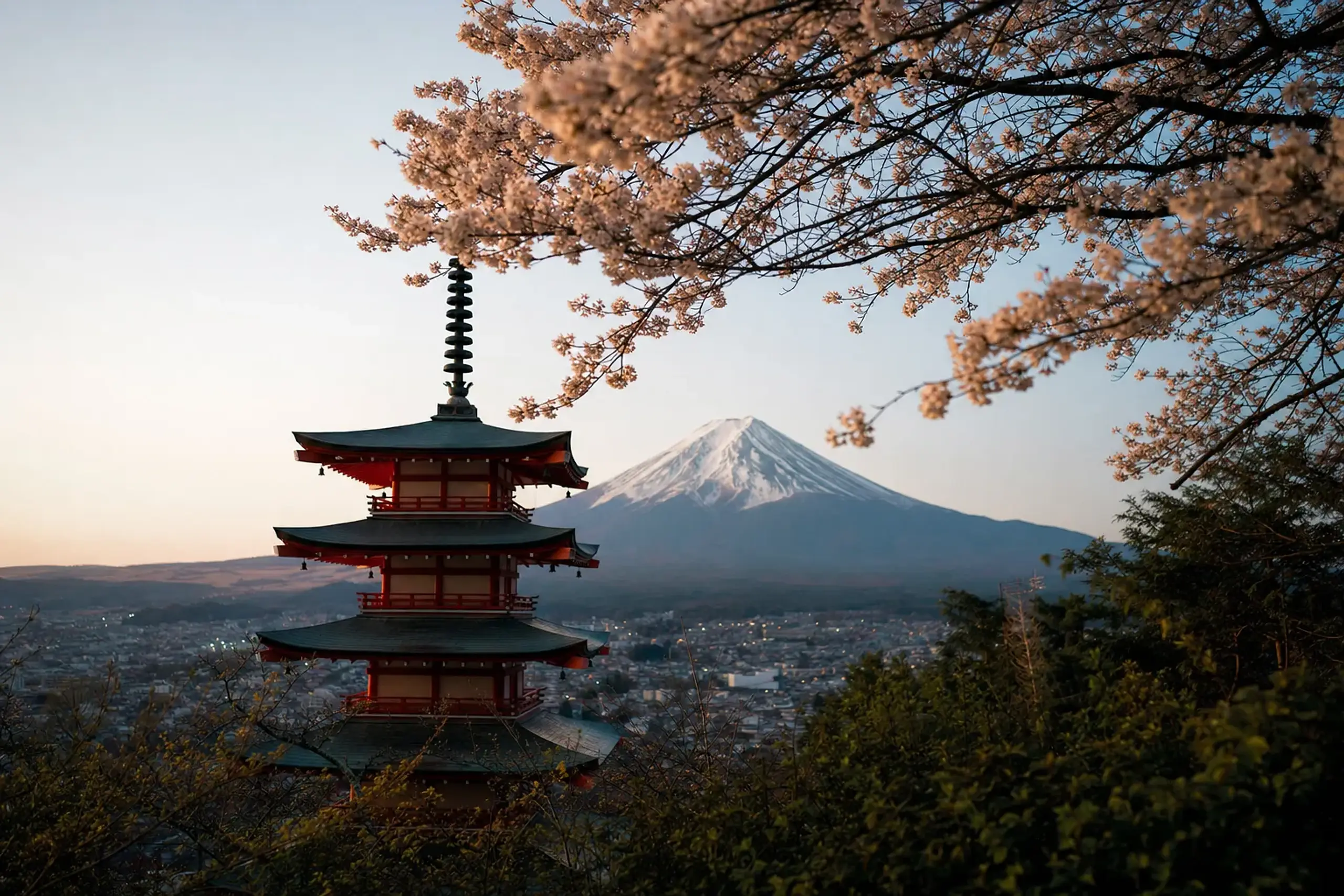 The five-storied Chureito Pagoda framed by Somei-yoshino cherry blossoms with snow-capped Mount Fuji aligned behind it, viewed from the Arakurayama Sengen Park observation deck at dawn