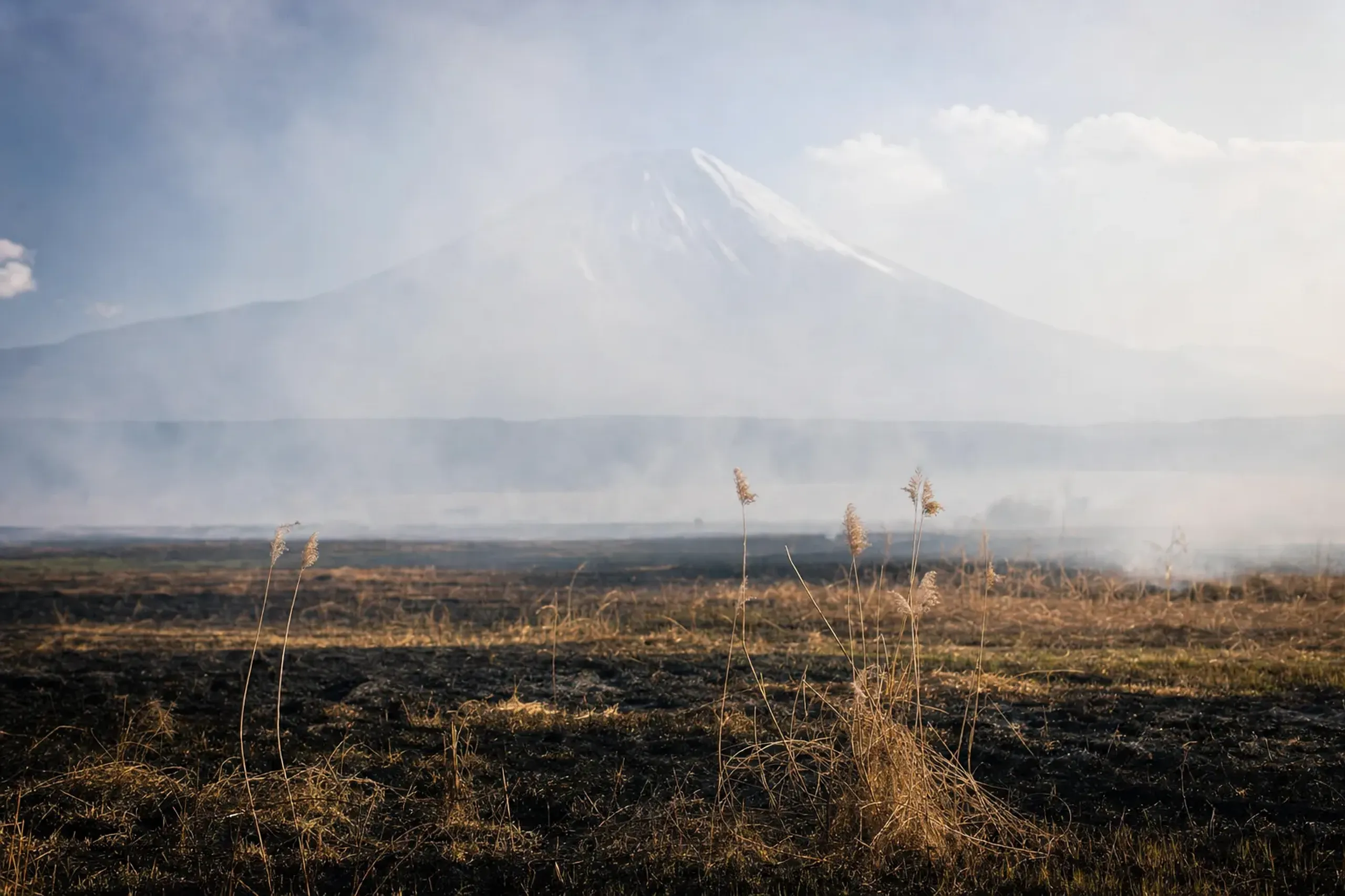 Grey smoke from the annual April controlled burn drifting across the Kita-Fuji commons grassland, partially obscuring the silhouette of Mount Fuji