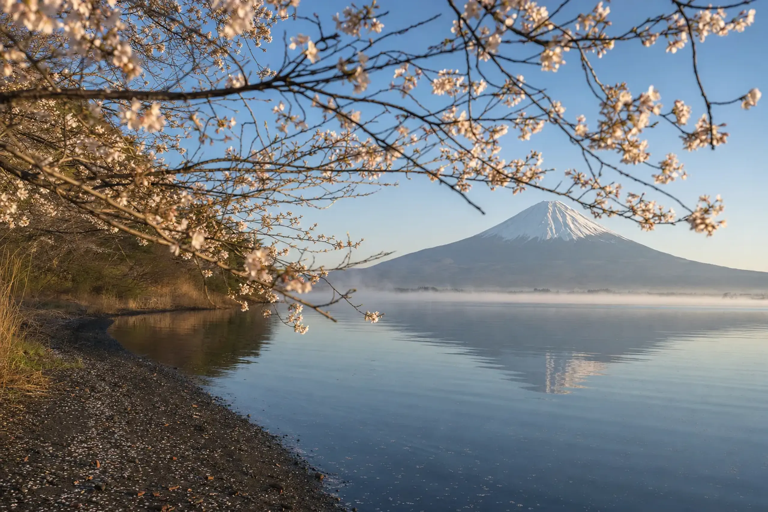 Somei-yoshino cherry blossoms catching early morning light along the tranquil north shore of Lake Kawaguchiko with Mount Fuji behind