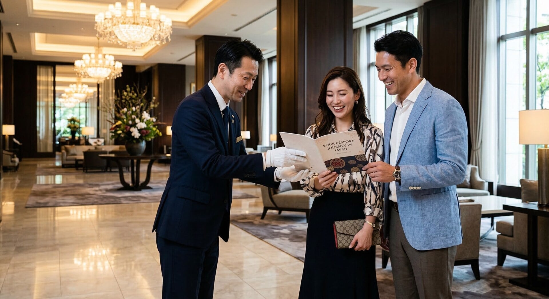A welcoming concierge in a sharp suit, handing a customized travel itinerary to a smiling couple.