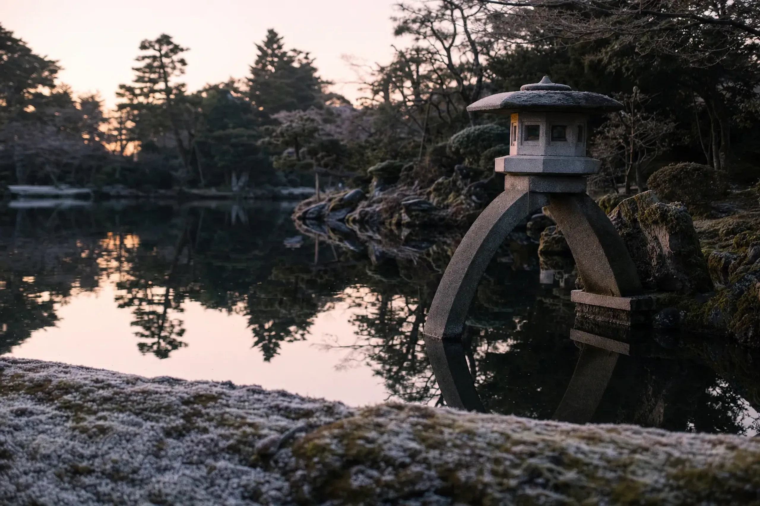 The two-legged Kotoji stone lantern emerging from dawn shadows beside Kasumigaike pond at Kenrokuen, frost crusting the surrounding moss in the pale early morning light