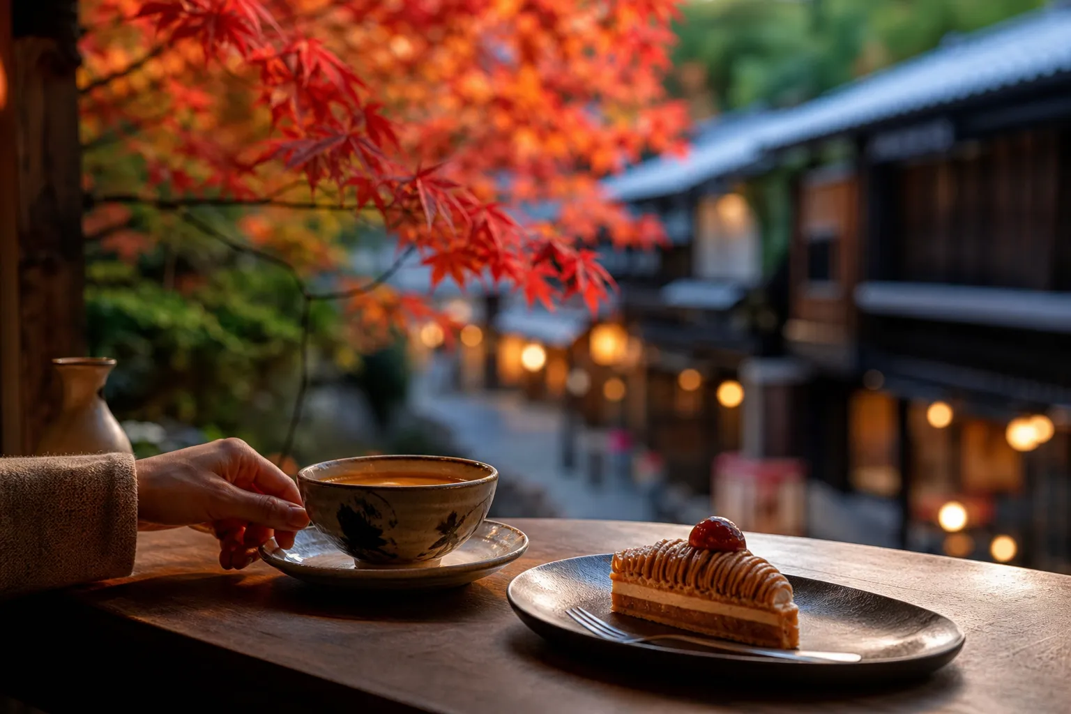 Coffee and dessert on a café table for a quiet break in Kichijoji