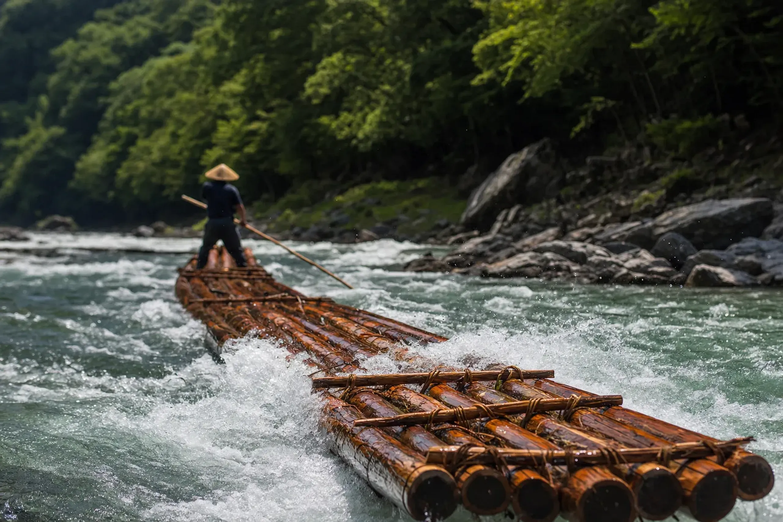 A roughly 30-meter cedar-log raft descending the Kitayama River rapids in bright summer light, spray leaping over the bound logs