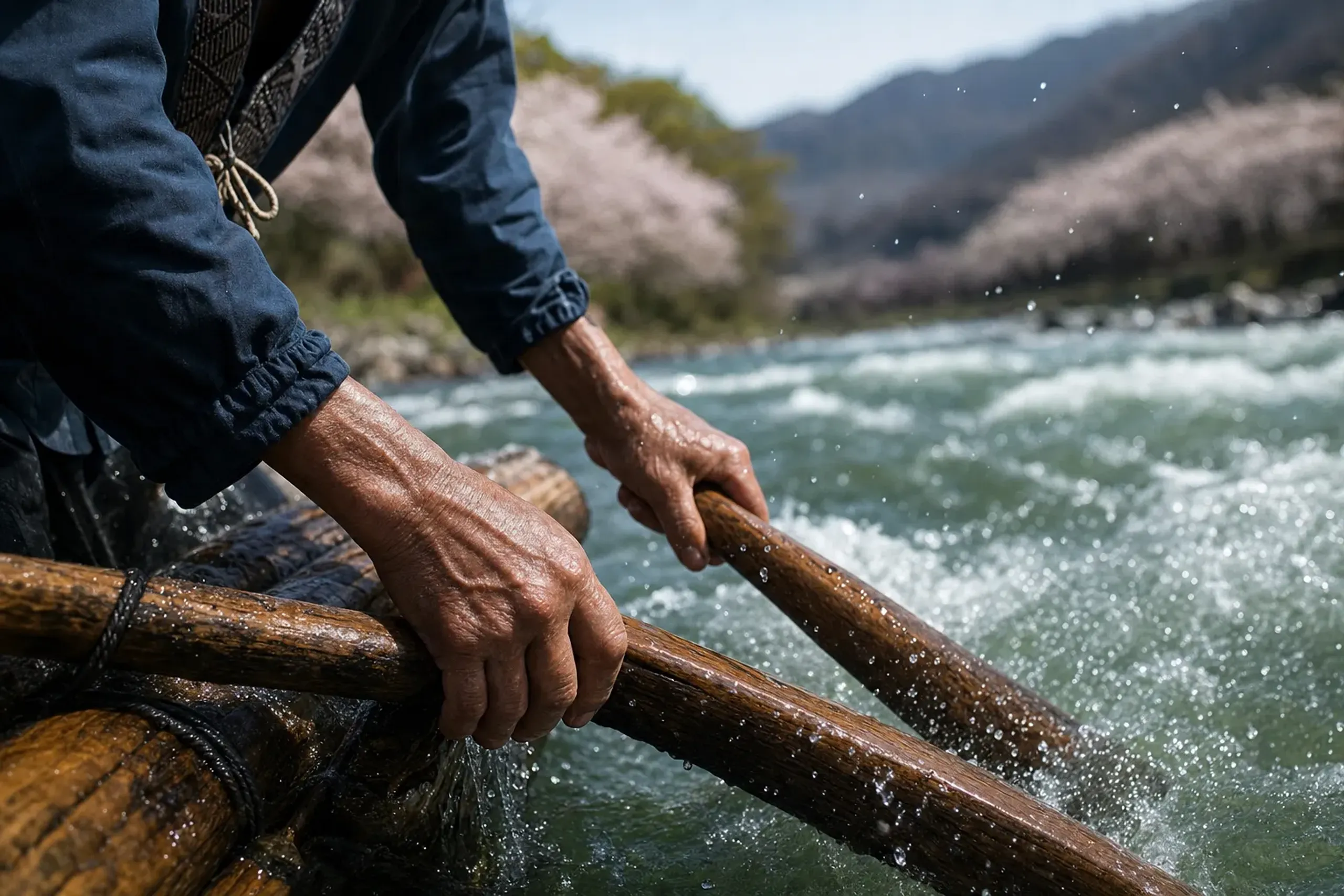 A raftsman's weathered hands gripping the traditional wooden paddle as it bites into the fast water of the Kitayama River rapids