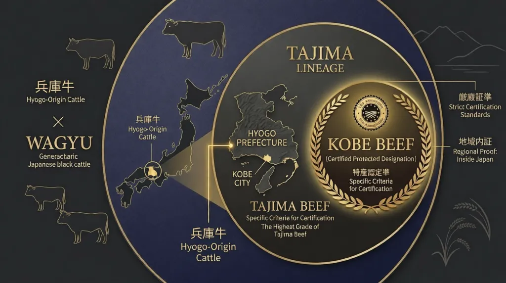 A clean visual model clarifying how Kobe Beef is a protected designation derived from the Tajima lineage inside Hyogo.