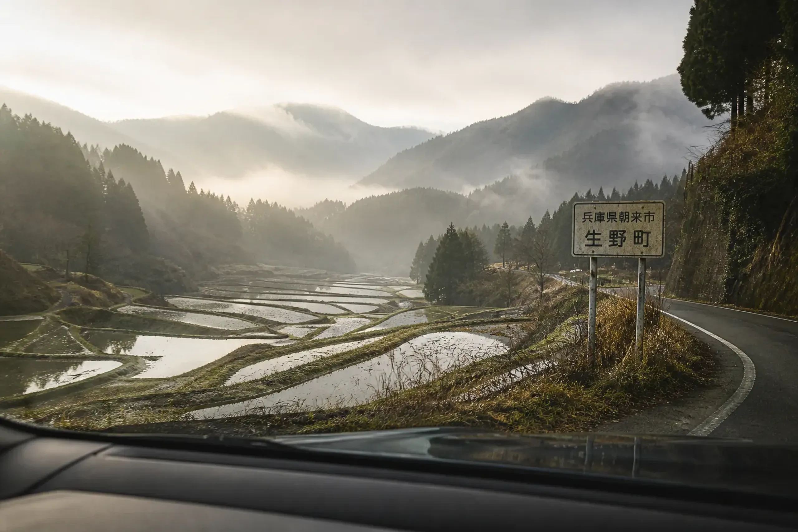 Mountain road in northern Hyogo Prefecture leading toward the Tajima region with rice terraces and cedar forests