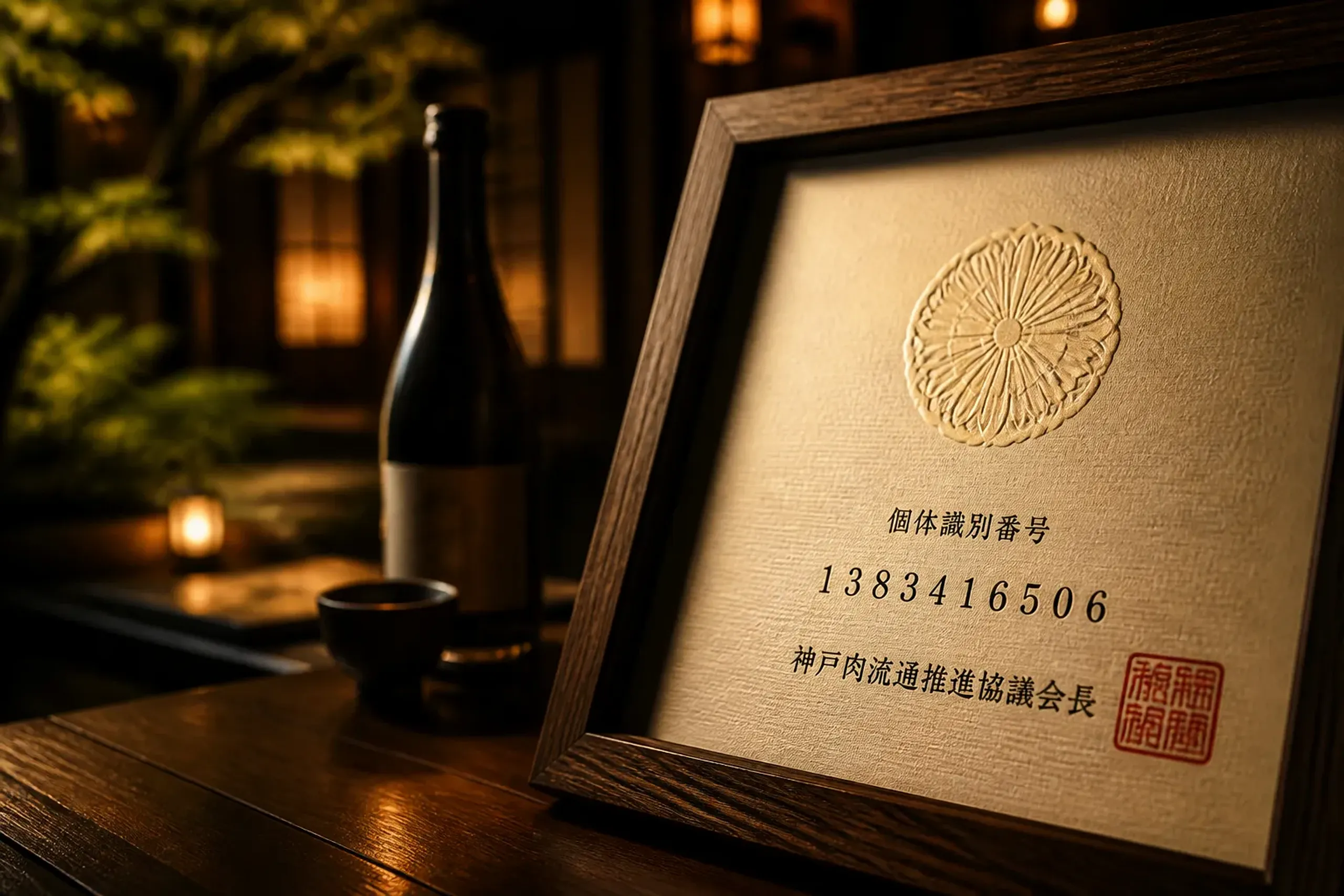 Kobe beef certificate with official seal and individual identification number displayed at a restaurant