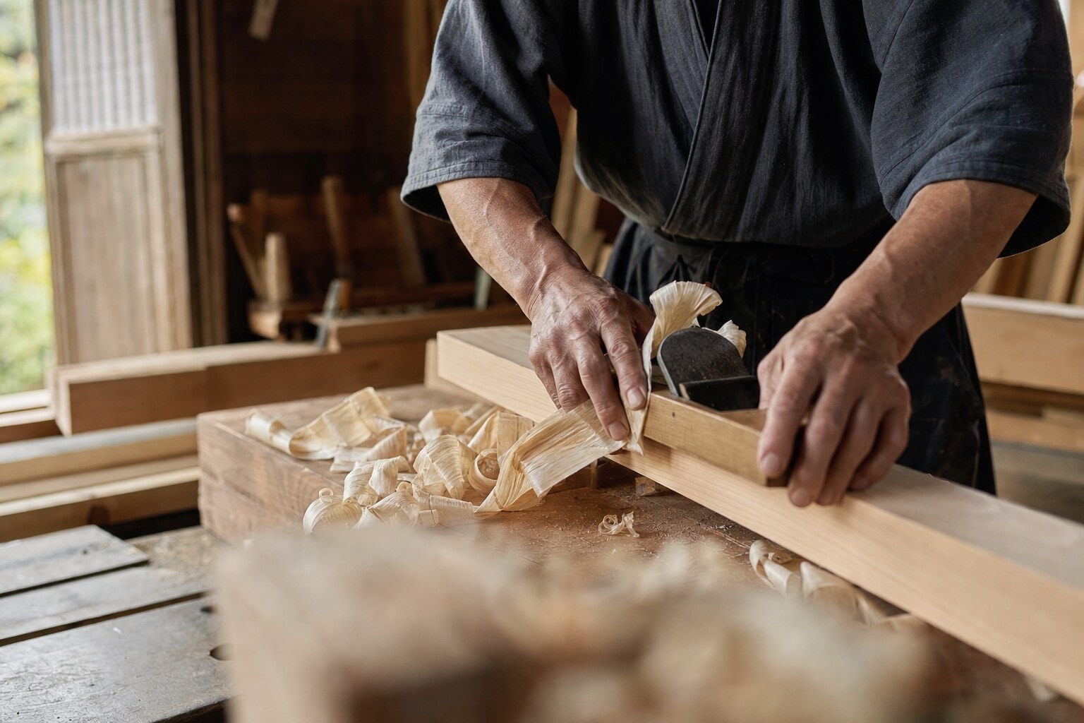 A Japanese shokunin artisan demonstrating precise woodworking techniques.
