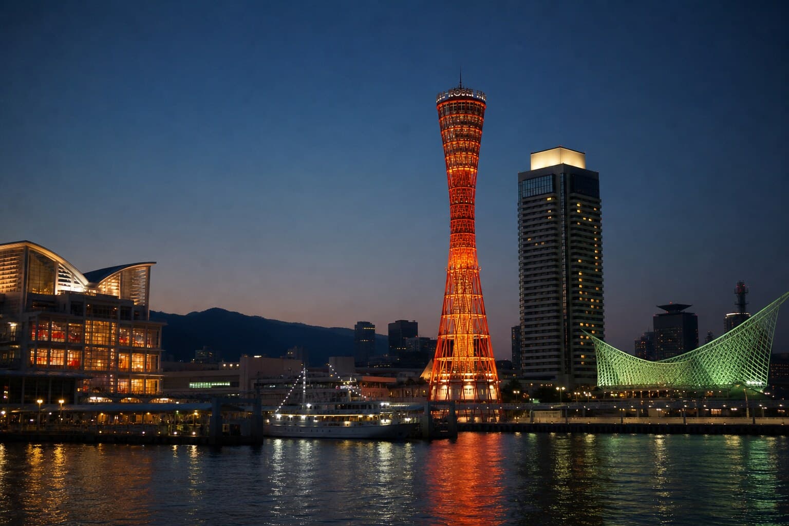 Kobe Port Tower reflecting in the waterfront harbor at twilight.
