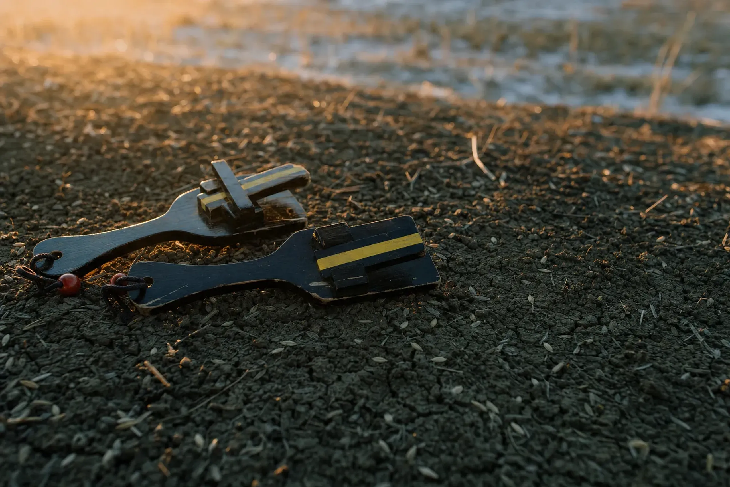 A pair of traditional Kōchi wooden naruko clappers, black and yellow with red beads, resting on rice paddy soil