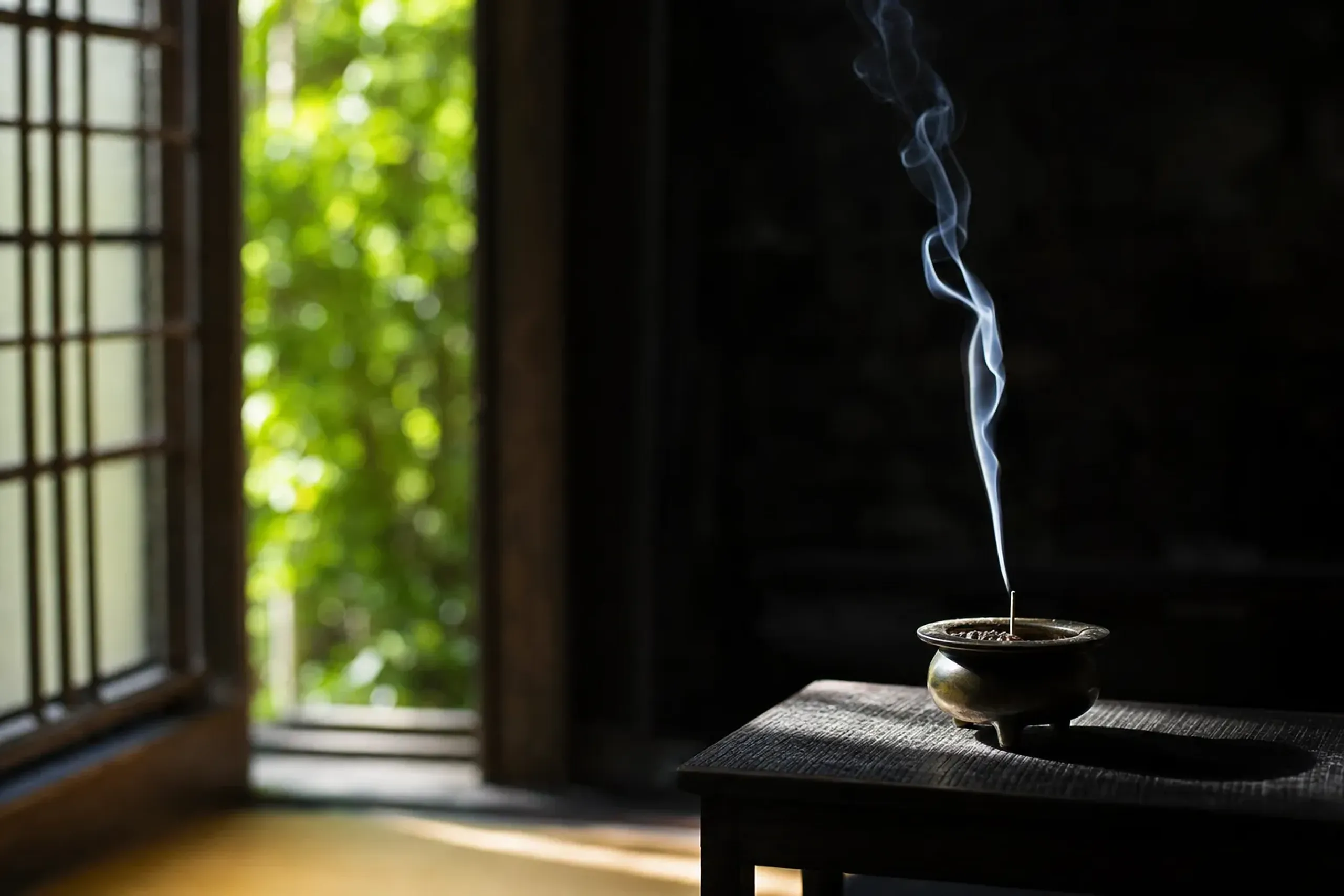 A thread of incense smoke rising in a dim traditional Japanese temple, symbolizing the devotional origins of kodo