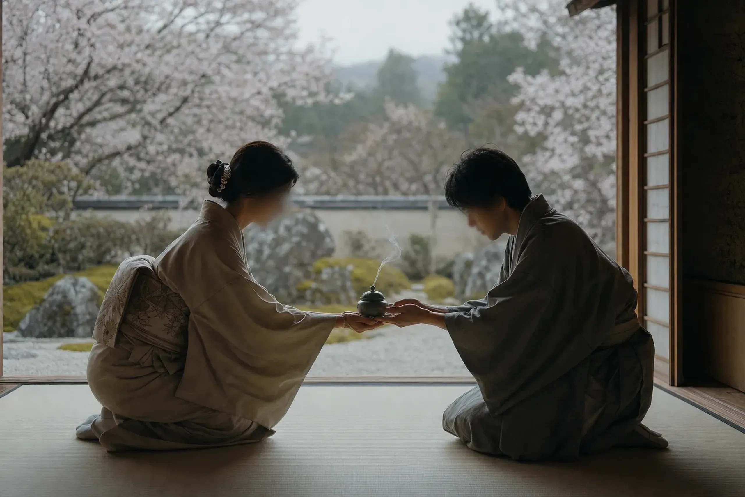 The kōro incense burner being passed formally between guests kneeling on tatami in a quiet Kyoto tea-style room