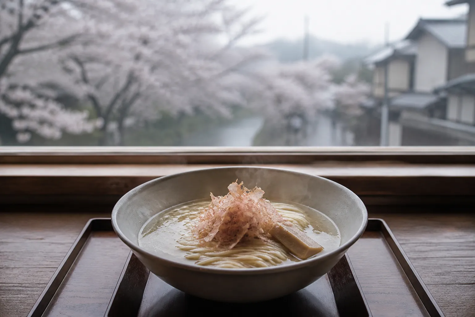 Clear kombu-based ramen broth with hand-shaved topping in a refined ceramic bowl in Kyoto