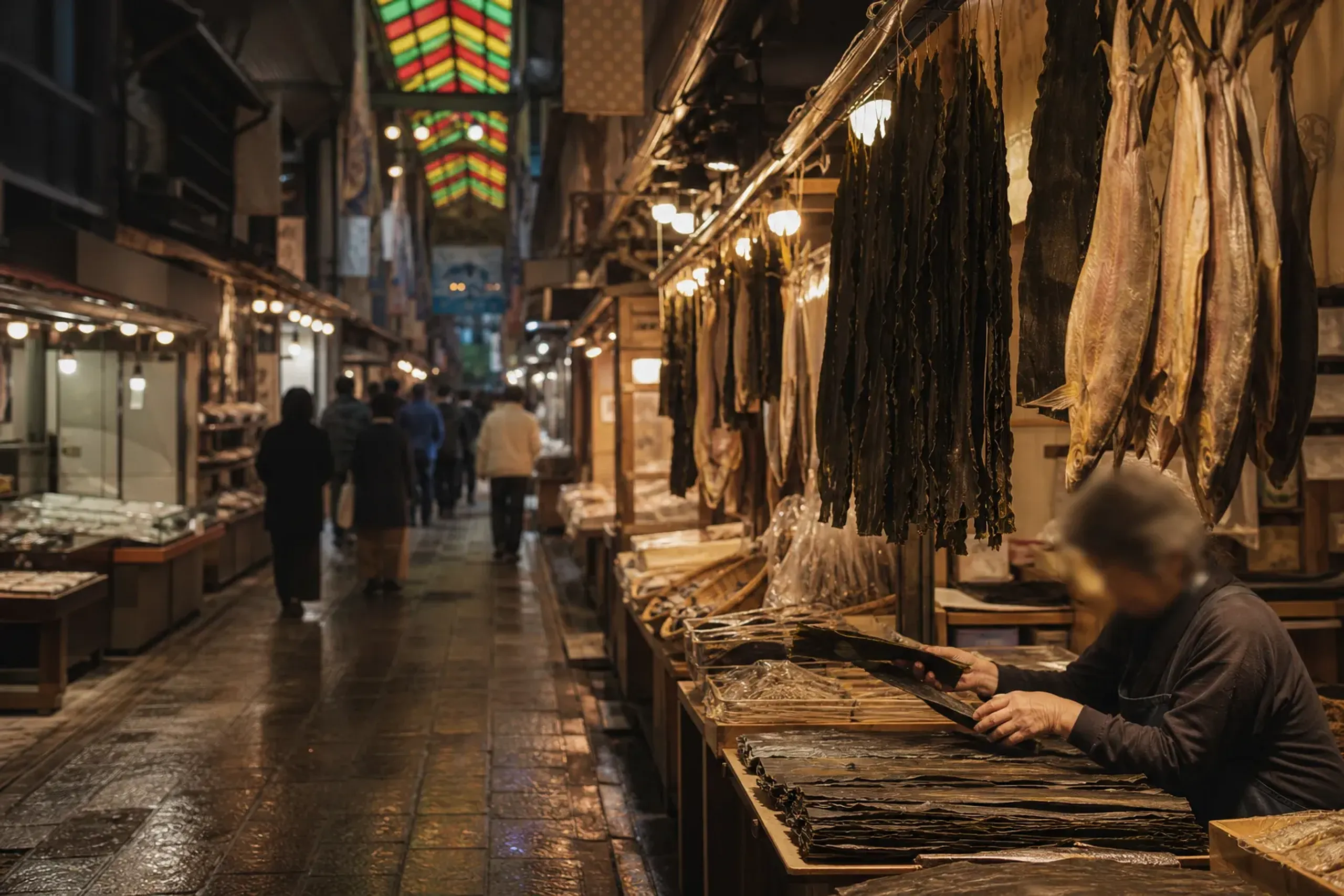 Covered Nishiki Market street in Kyoto lined with stalls of kelp, dried fish and produce
