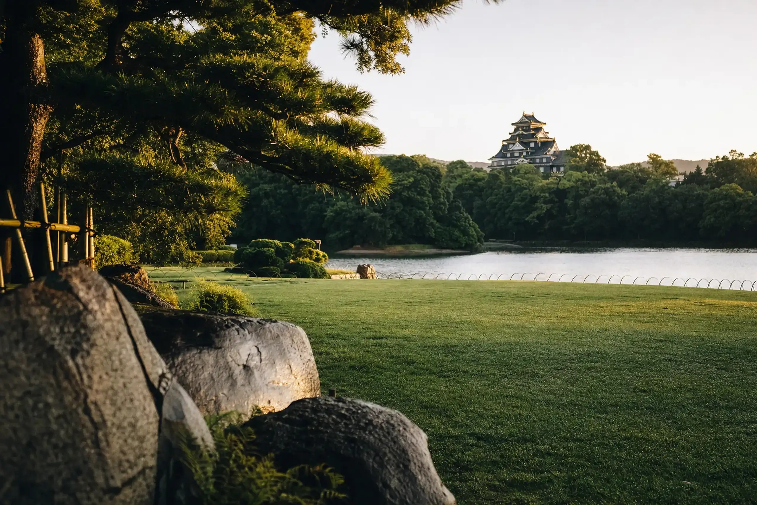 The black keep of Okayama Castle framed across the Asahi River as borrowed scenery, viewed from within Kōraku-en's green grounds
