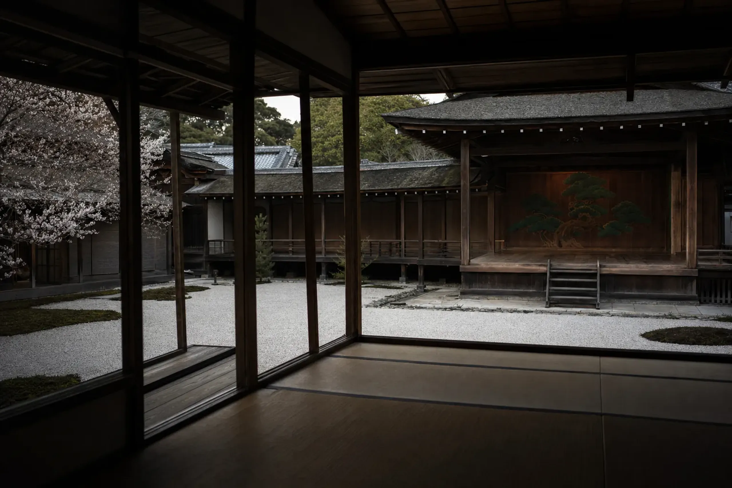 The Noh stage within Kōraku-en and the adjoining Eishō-no-Ma viewing hall, empty and prepared for performance