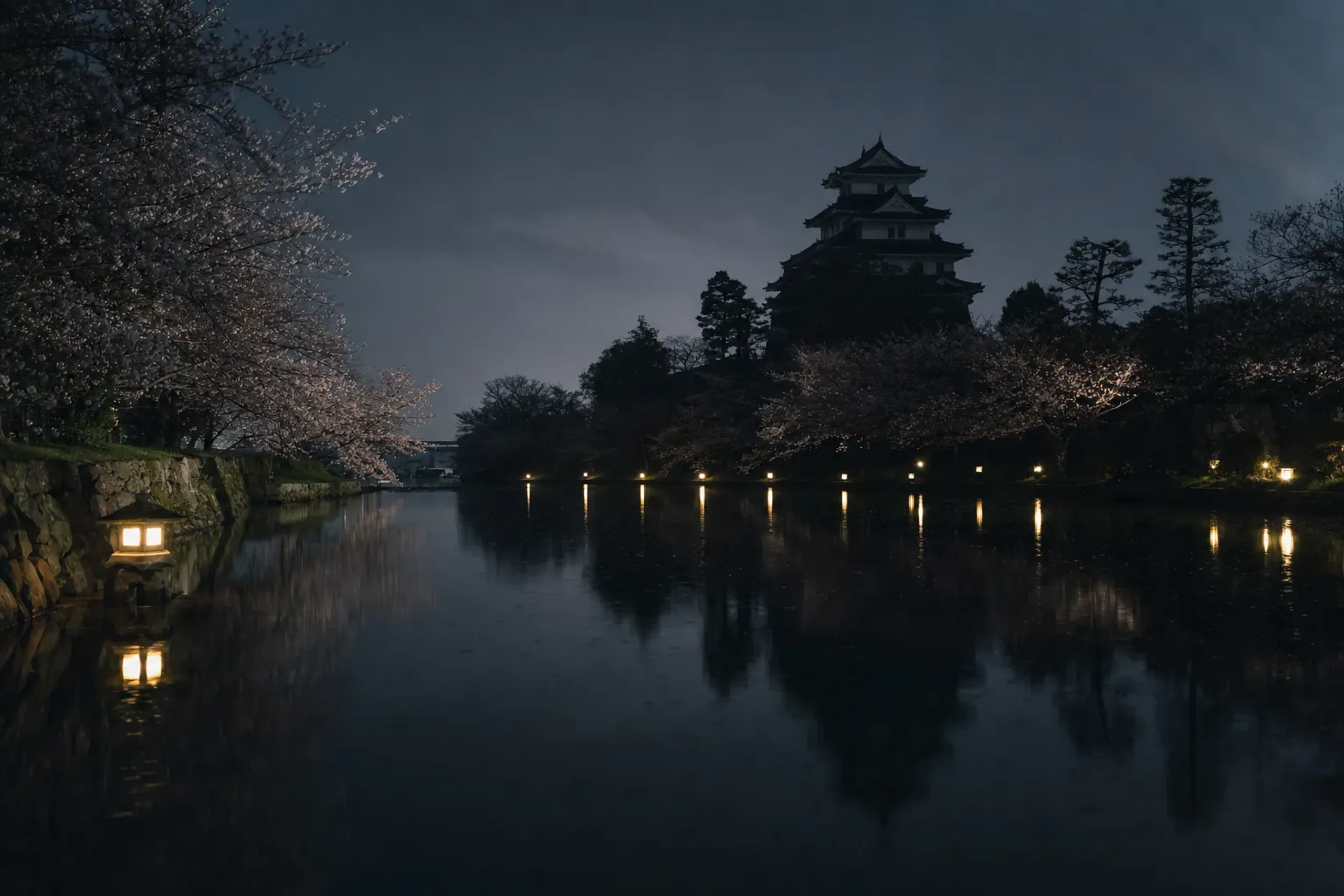 Kōraku-en illuminated at night, lantern light reflecting on the ponds with the silhouetted castle keep beyond