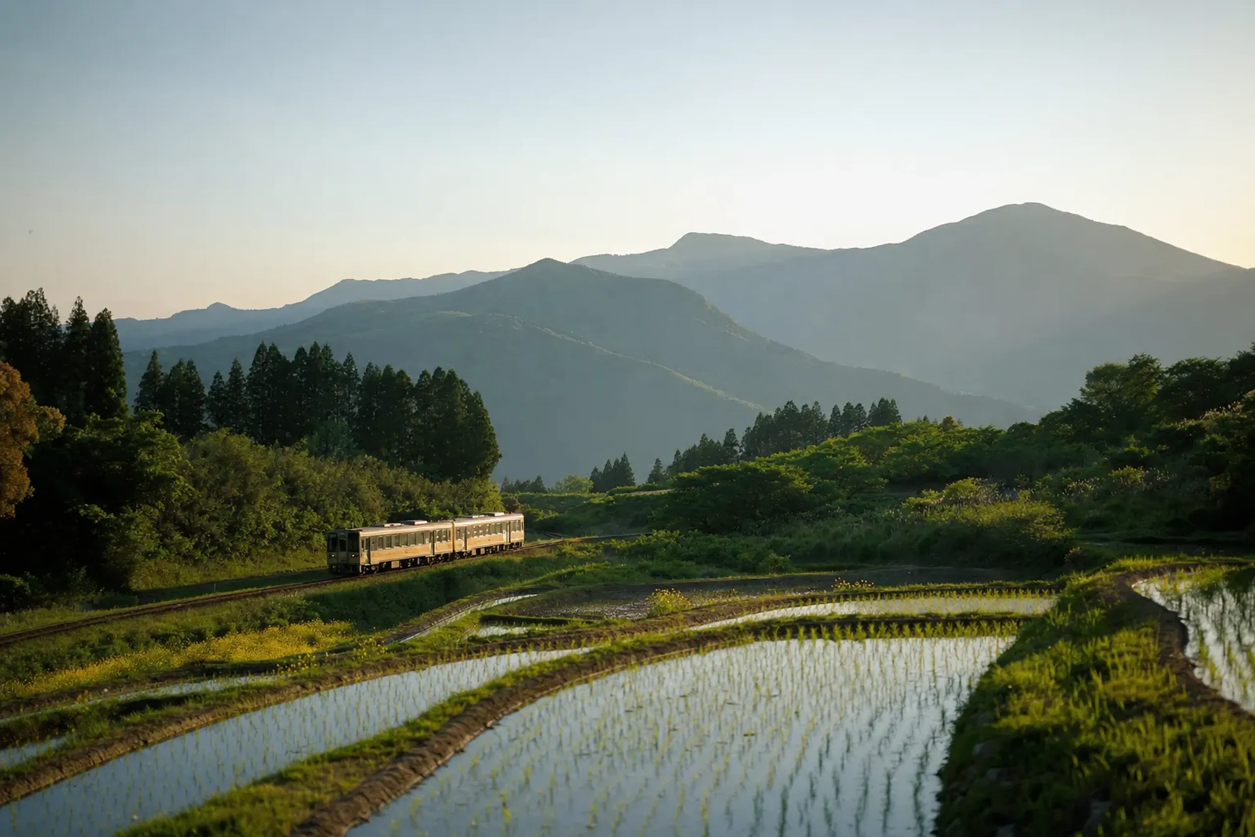 A JR Kyushu train travelling through the rural Ōita countryside toward Taketa City, mountains of the Kujū range in the distance