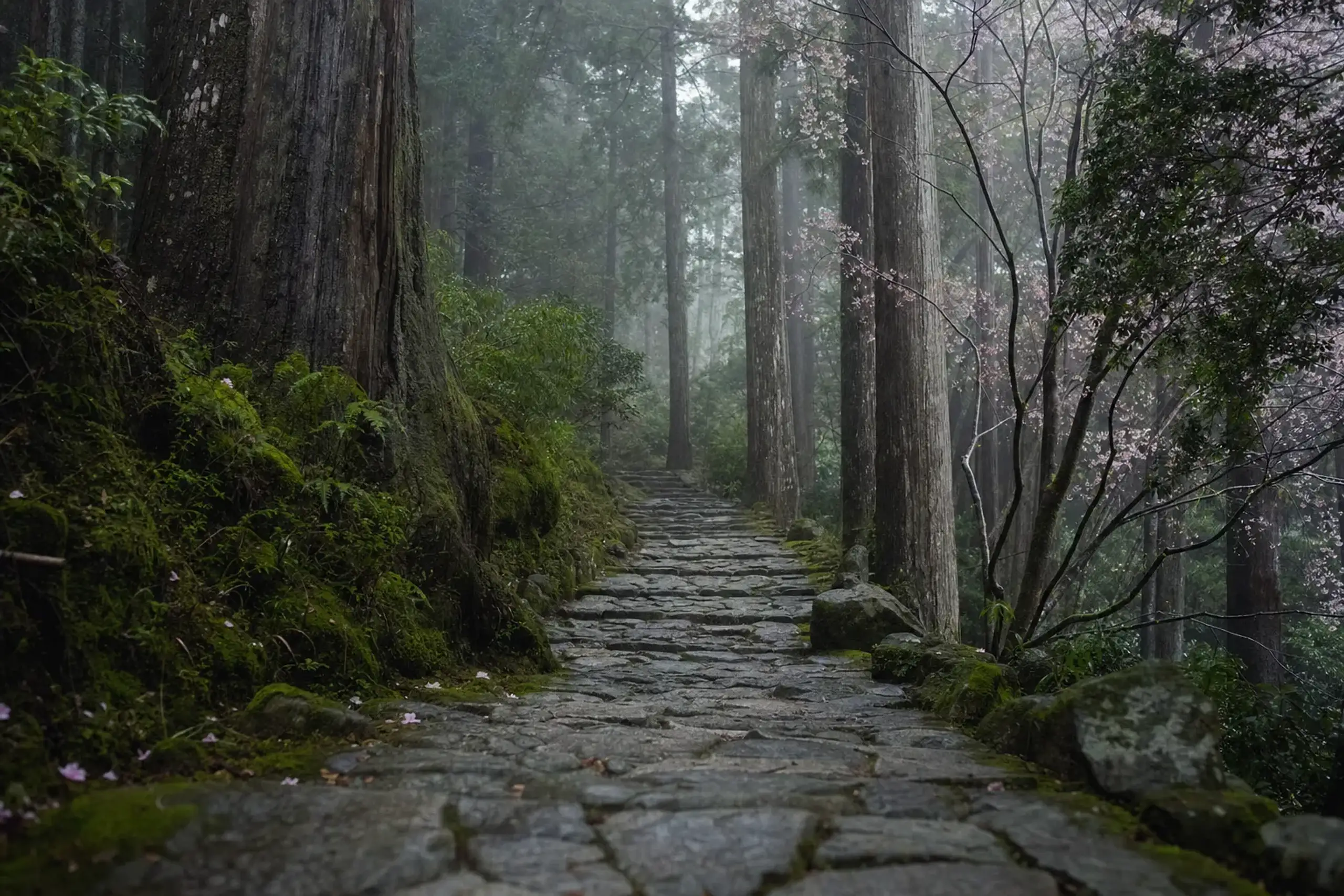 Moss-covered stone path on the Kumano Kodo under cedar trees