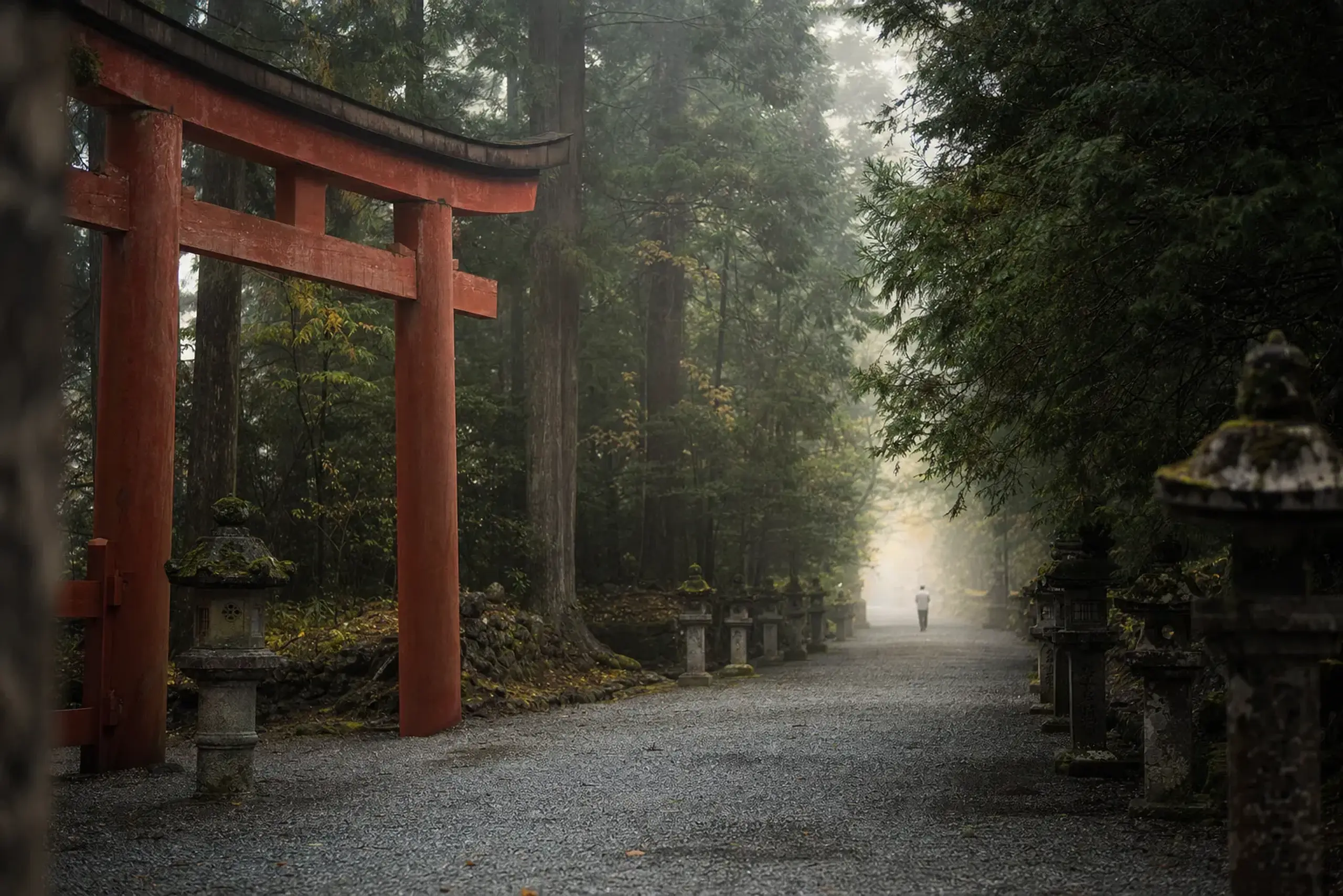 Torii gate and shrine approach path in a quiet setting