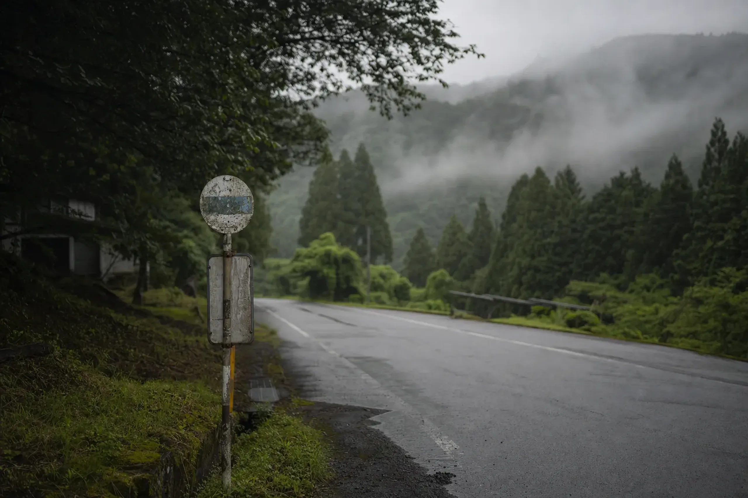 Rural bus stop on a mountain road with misty forested hills
