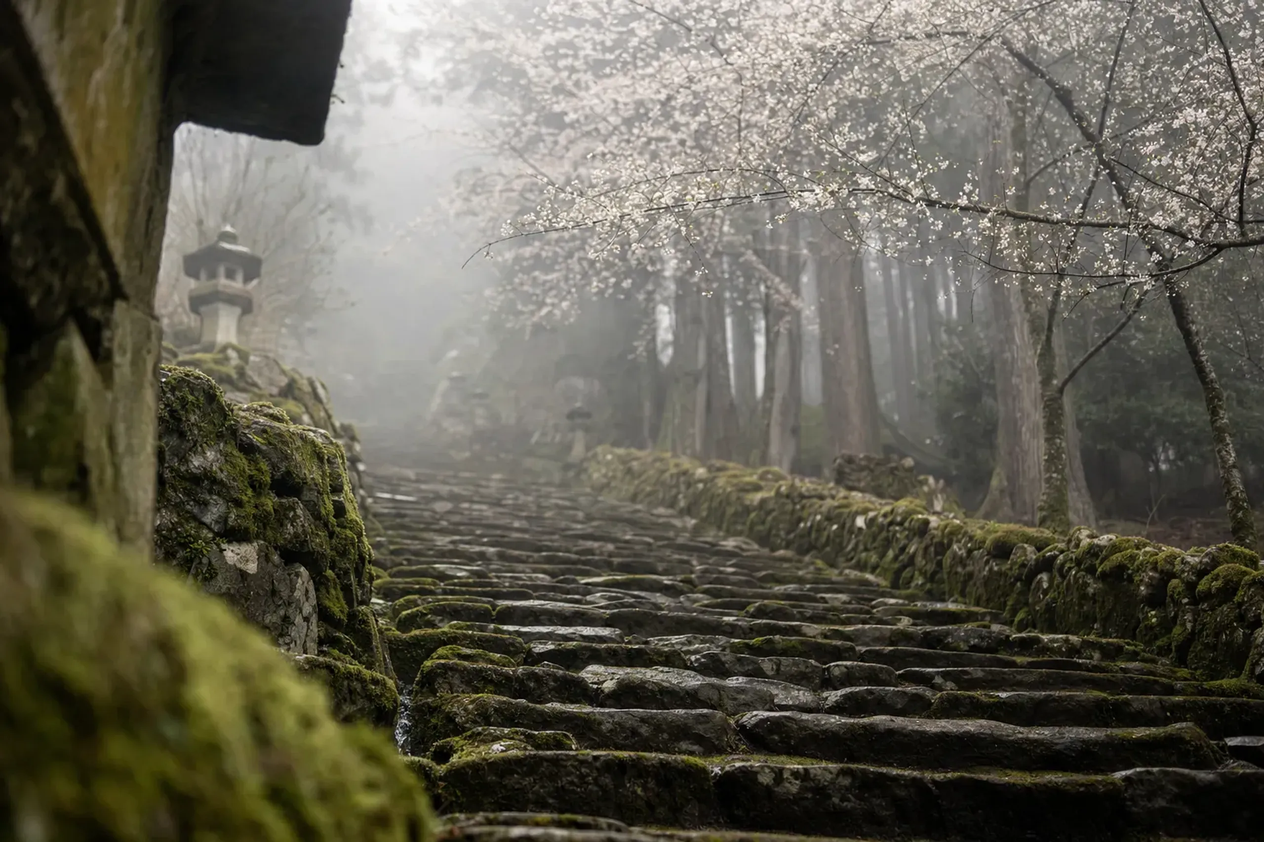 moss-covered stone steps of the Nakahechi route winding through a misty cedar forest near Tanabe City