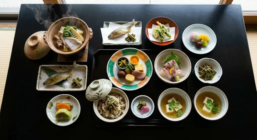 An exquisite Japanese kaiseki meal featuring several small, colorful dishes of seasonal mountain vegetables and fresh regional seafood artistically arranged on a traditional dark lacquer table.