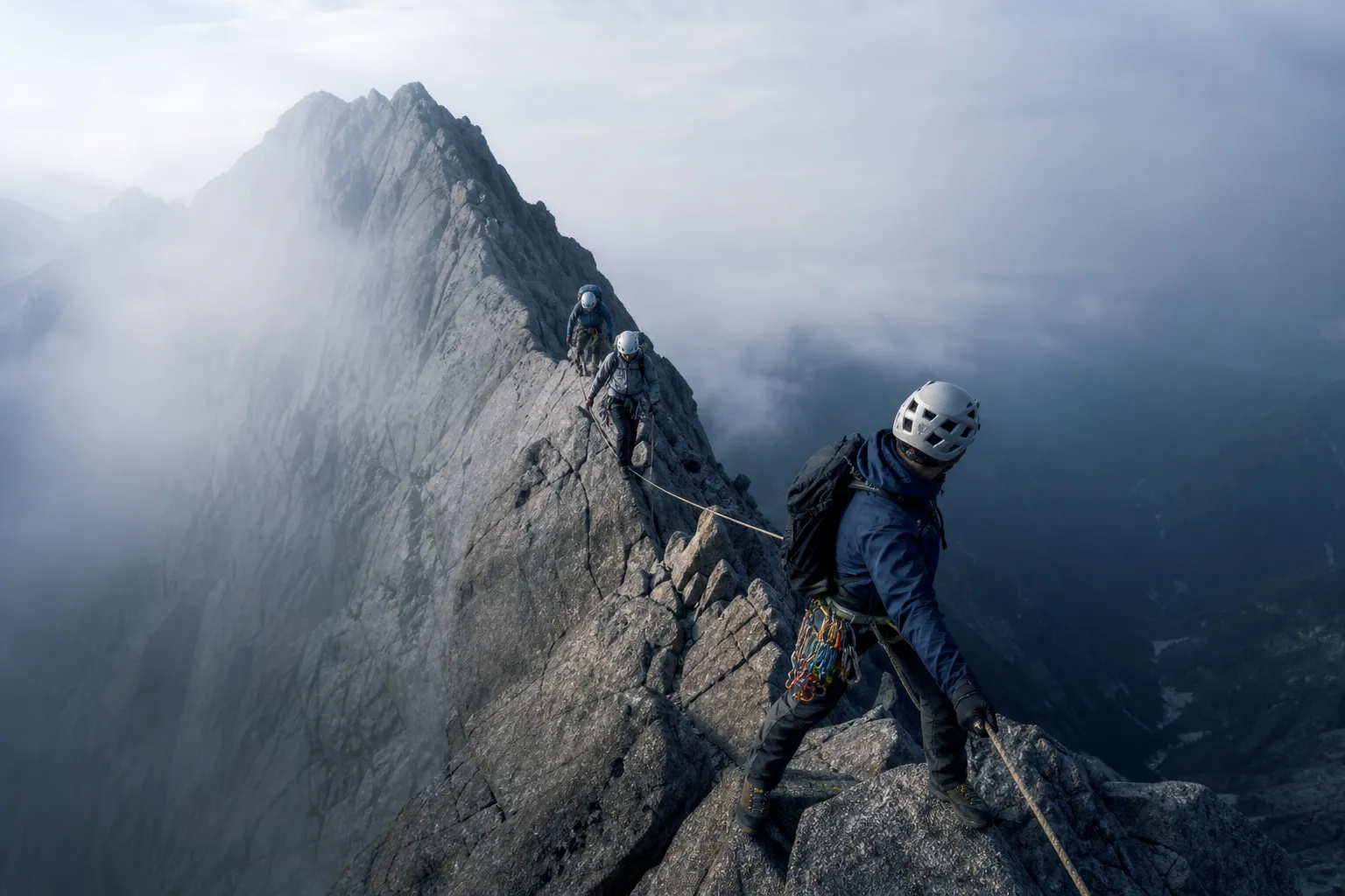 Two focused mountaineers wearing safety helmets and harnesses carefully navigate a narrow rocky ridge with climbing ropes, led by an experienced guide in the foreground.