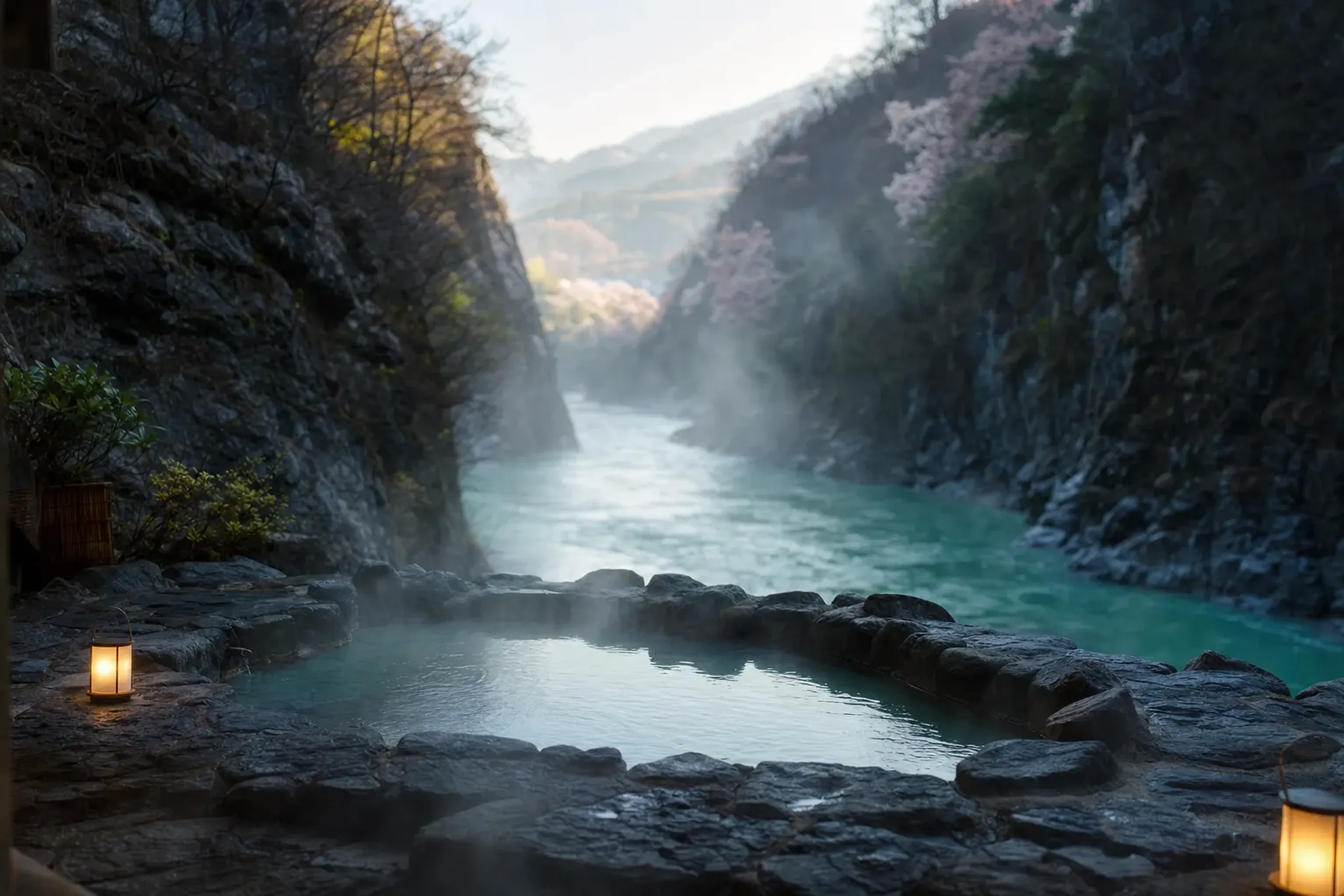 The public outdoor onsen bath at Kanetsuri Station, steam rising beside the jade Kurobe River with canyon walls rising on both sides