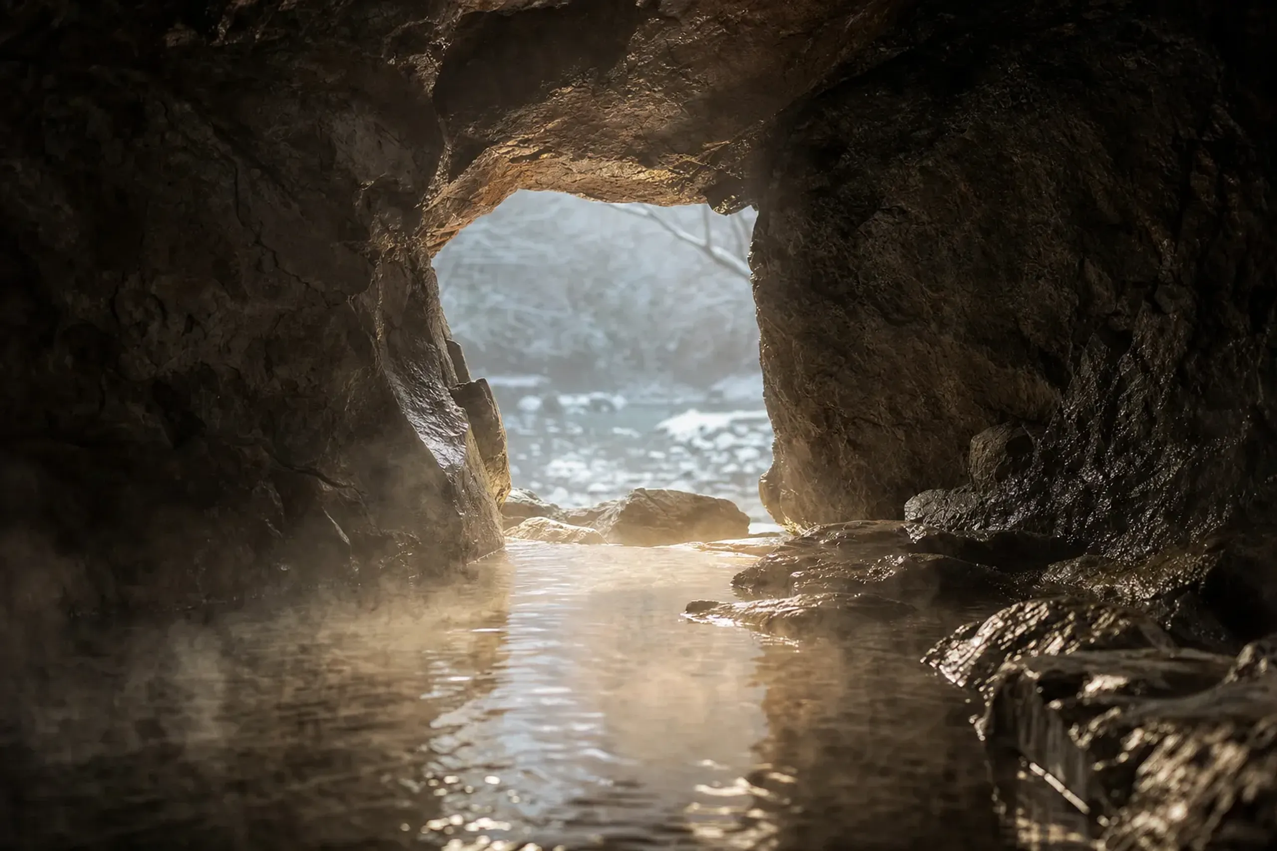 The hand-carved cave bath at Shinmeikan ryokan beside the Tanoharu River in Kurokawa Onsen, cut into living rock, steam rising from the water