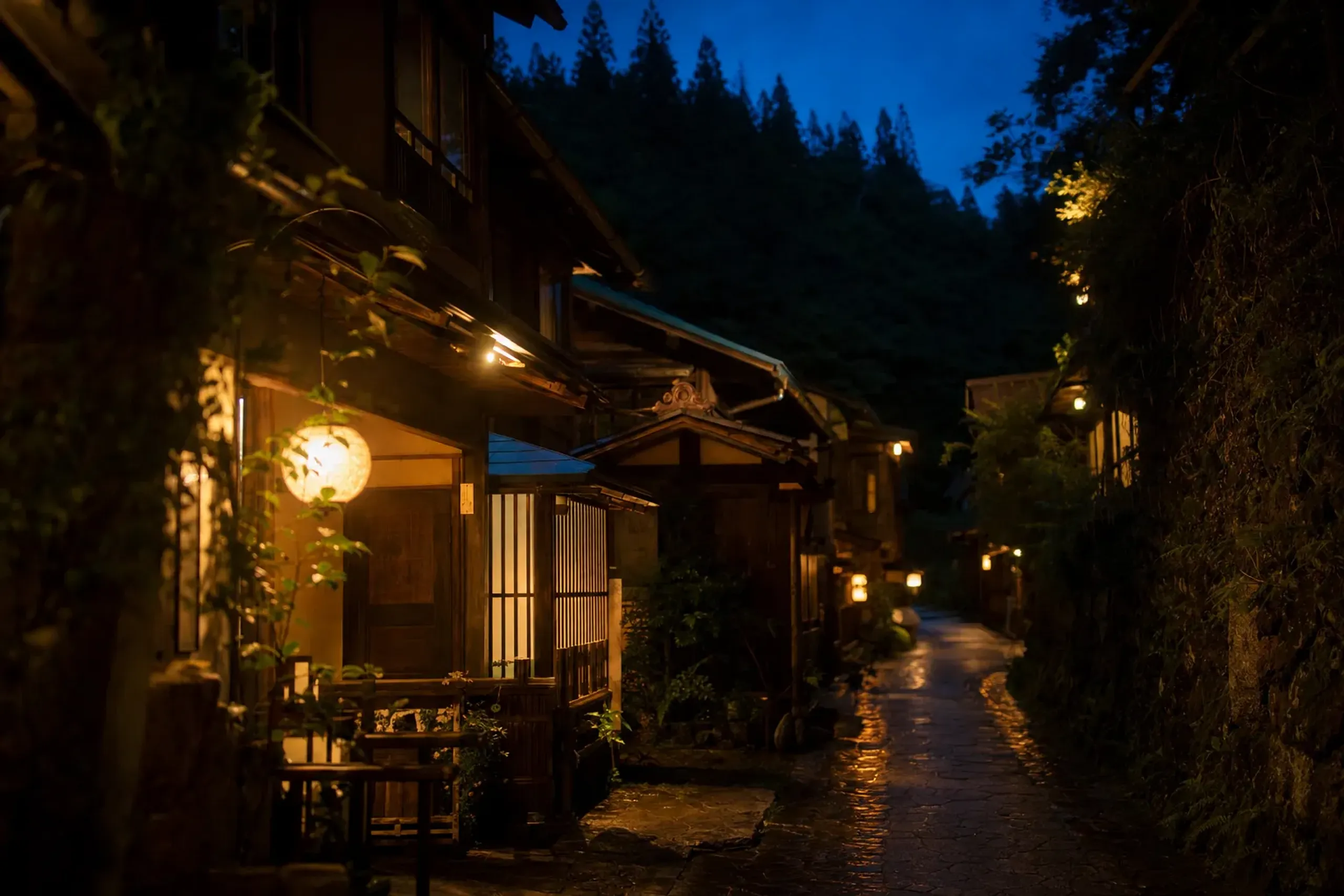 Lantern-lit lanes of Kurokawa Onsen at dusk, wooden-façade inns leaning into the forested hillsides with no neon or concrete towers