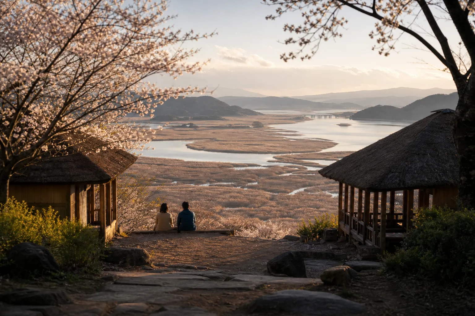 A coastal town along a bay with a bridge, rolling hills, and a tidal marsh delta; foreground shows thatched huts and visitors in a forest overlook.