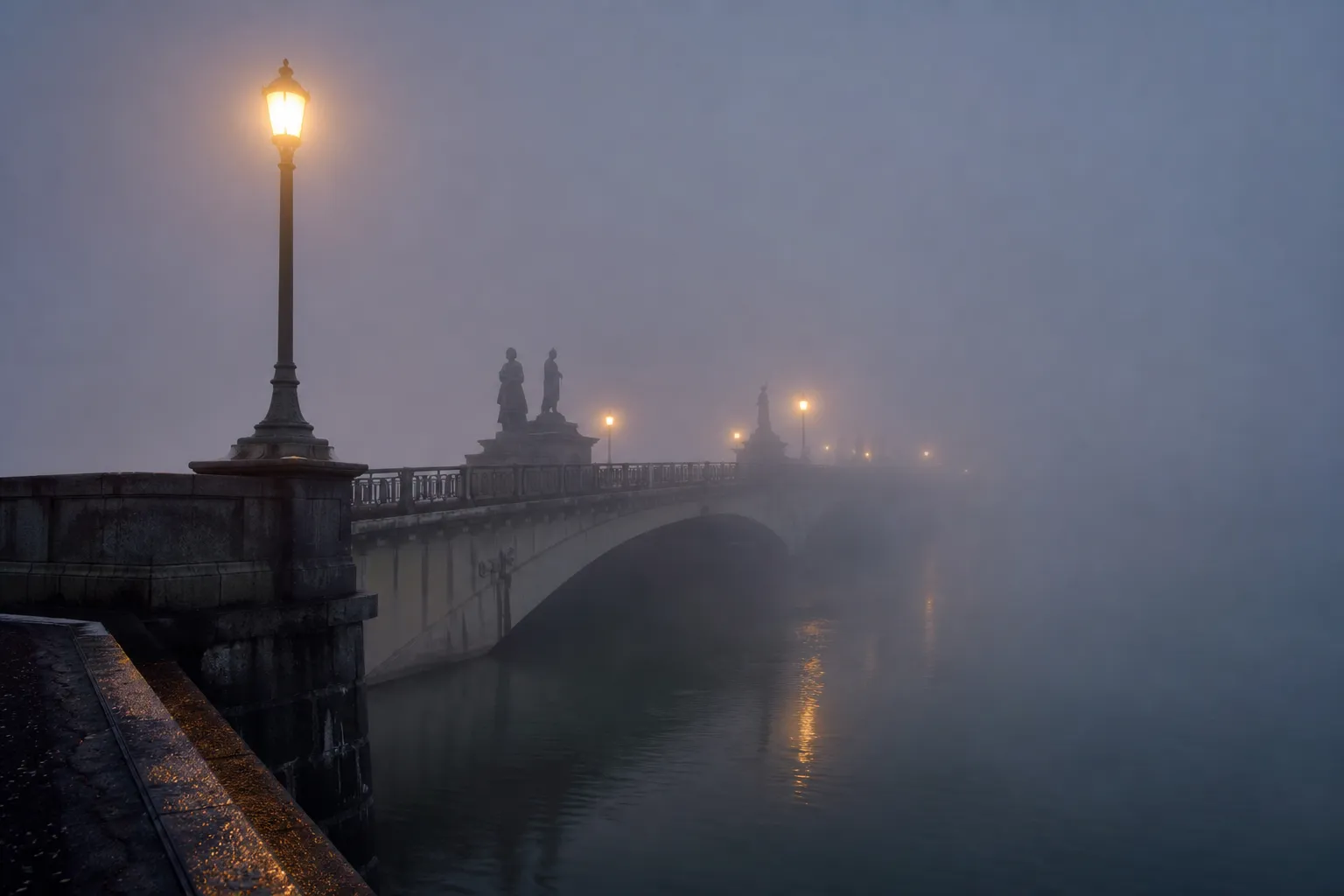 Dense white sea fog blankets the Nusamai Bridge in Kushiro, with glowing streetlamps piercing through the mist, creating a mysterious and enchanting atmosphere over the quiet Kushiro River.