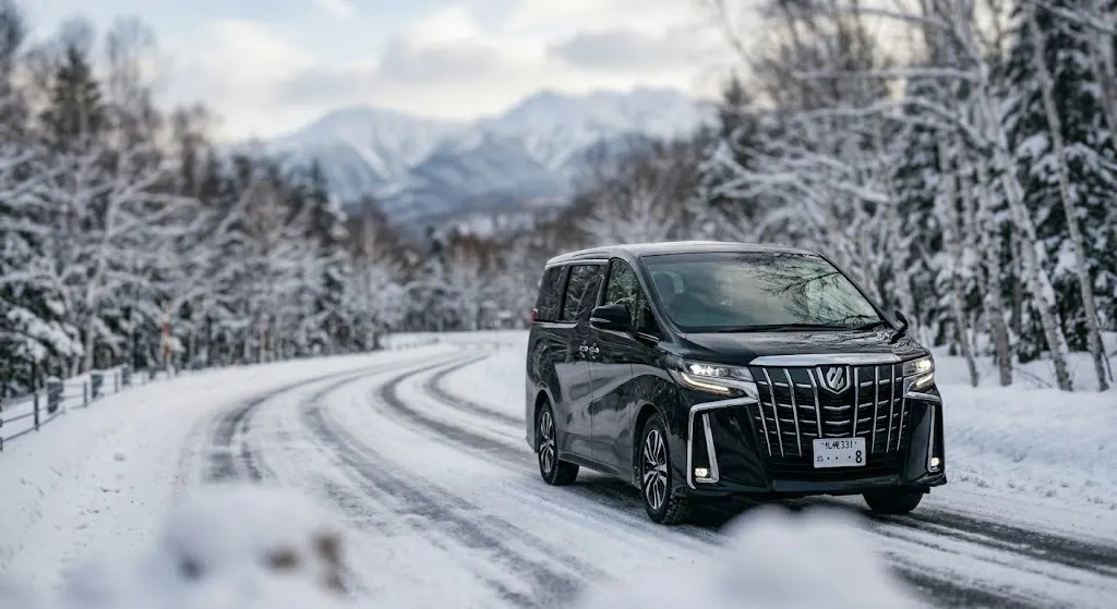 A sleek black luxury SUV drives smoothly along a scenic, pristine snow-covered road in rural Hokkaido against a backdrop of majestic mountains and winter trees.