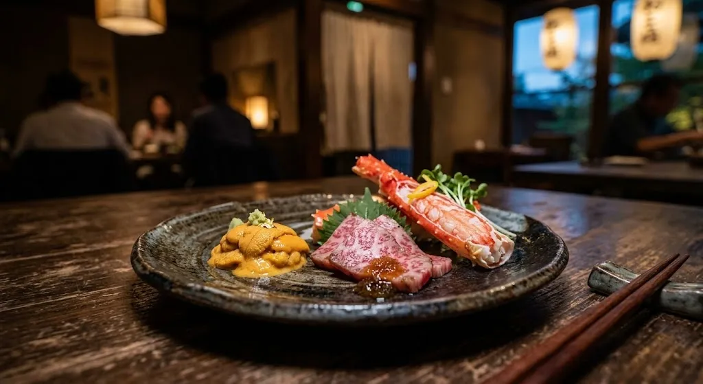 Meticulously plated traditional Japanese kaiseki dish featuring fresh Hokkaido uni, delicate slices of premium wagyu beef, and king crab leg served on beautiful, handcrafted rustic ceramics.