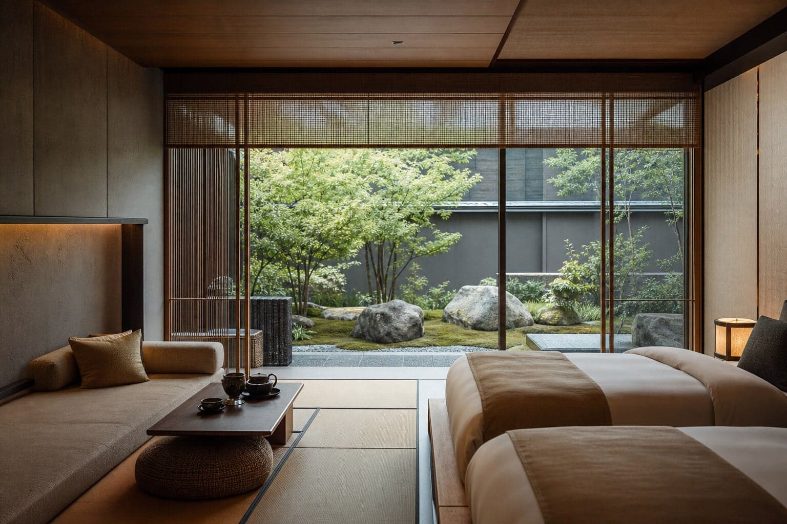 A modern luxury hotel suite in Kyoto blending contemporary design with traditional Japanese aesthetics.