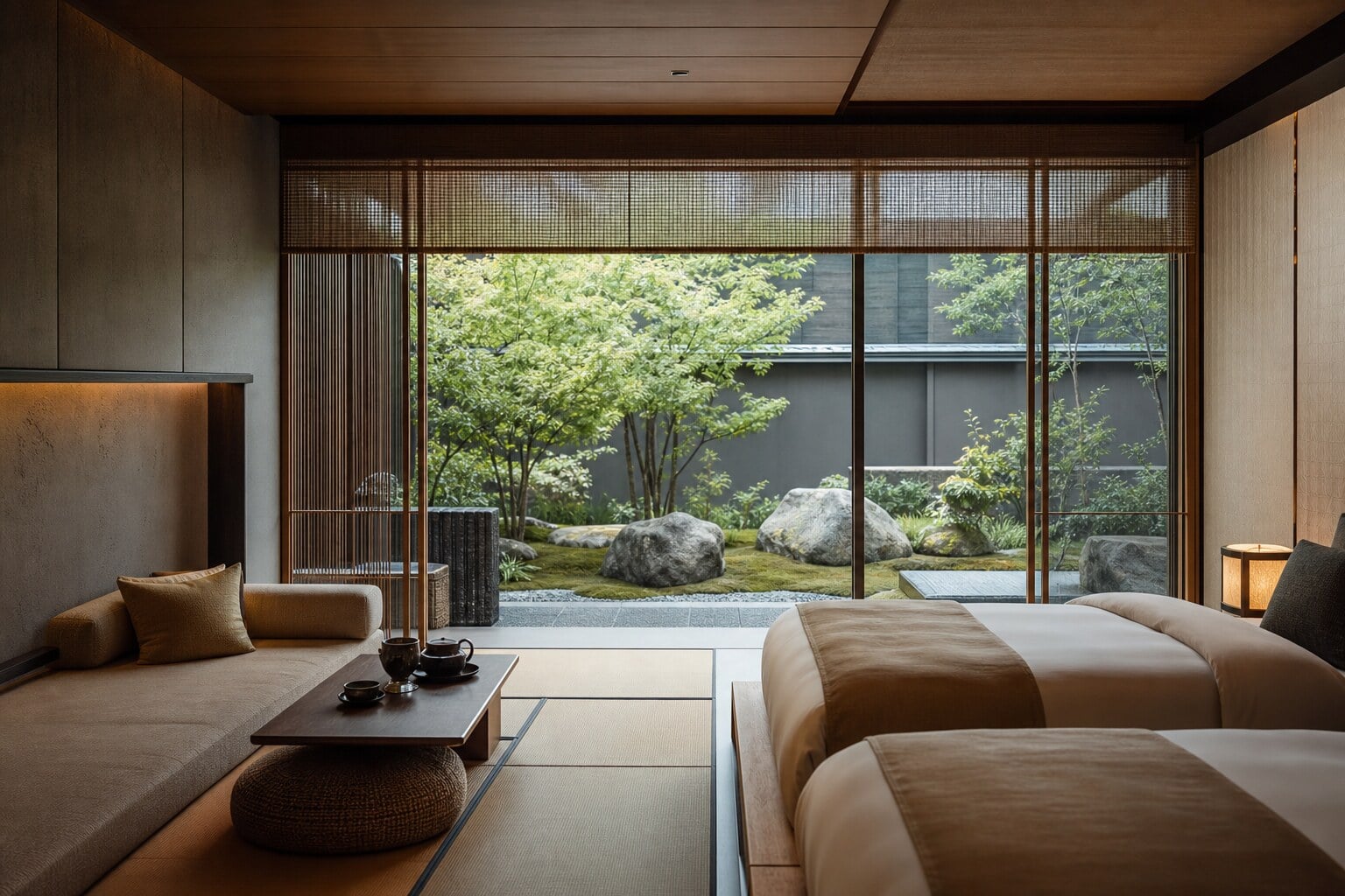 A modern luxury hotel suite in Kyoto blending contemporary design with traditional Japanese aesthetics.