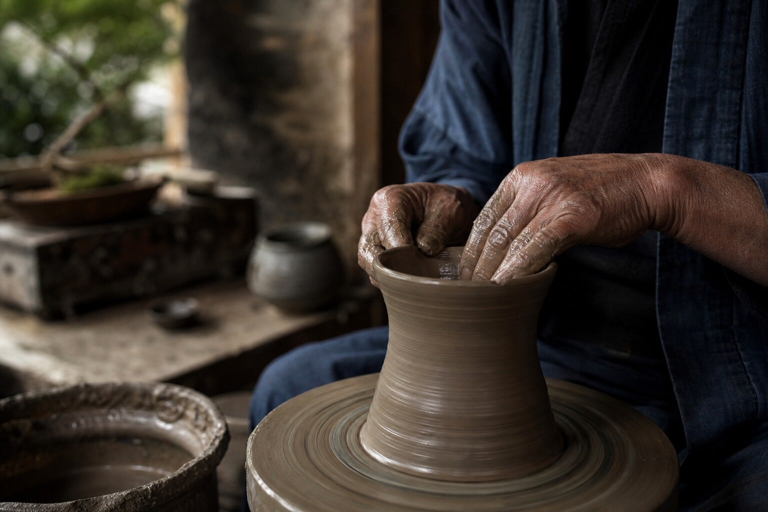 The weathered hands of a master artisan shaping pottery in a traditional Kyoto workshop.