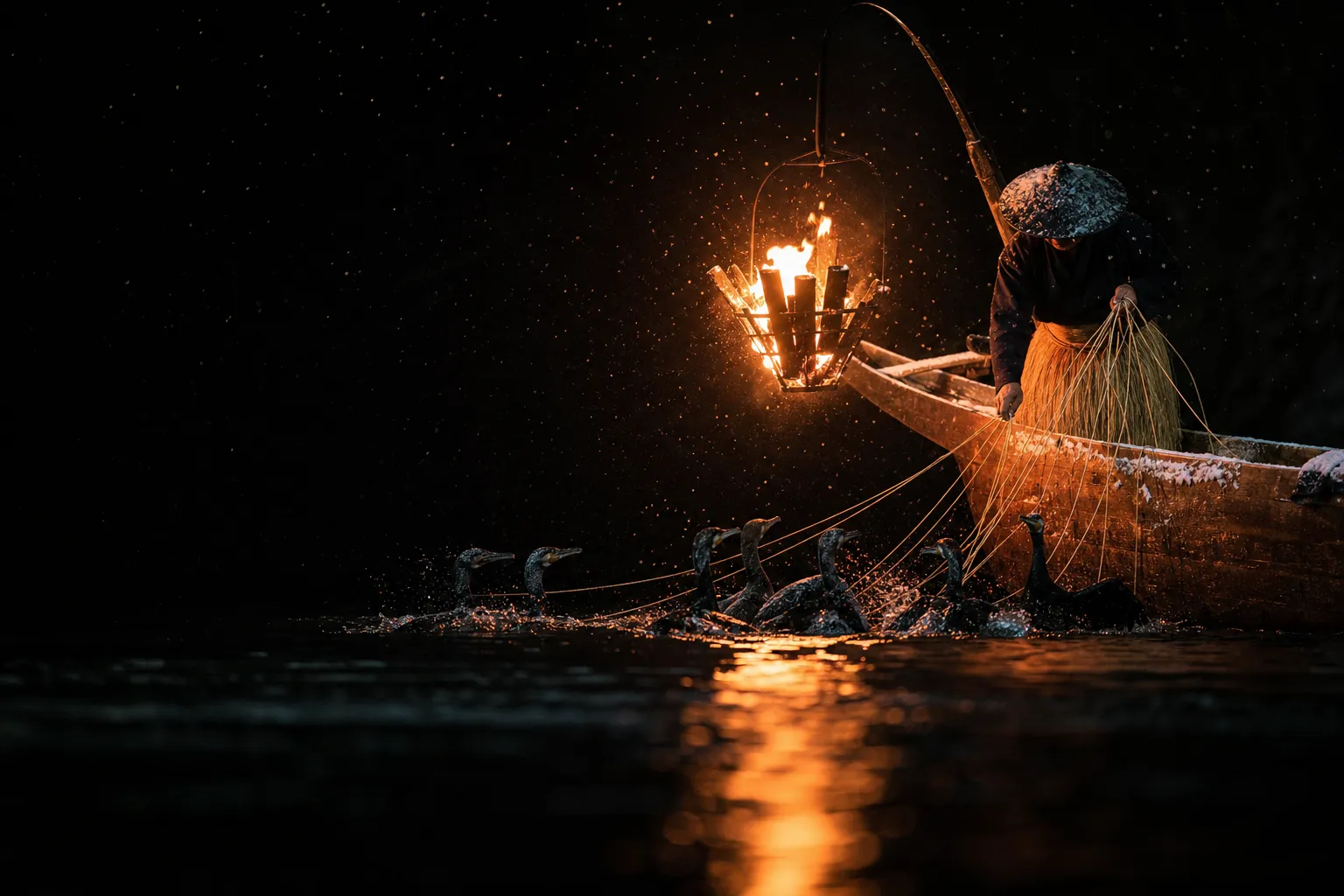 Traditional ukai cormorant fisherman working birds beside burning firelight on a wooden boat at night on the Oi River